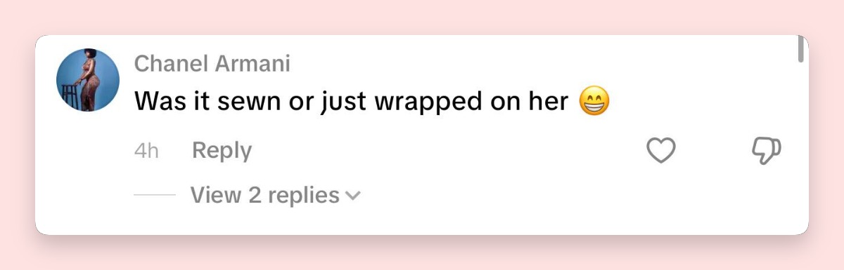 Netizen comment about Zendaya's outfit, posted on May 21, 2026. | Source: TikTok/@harpersbazaar