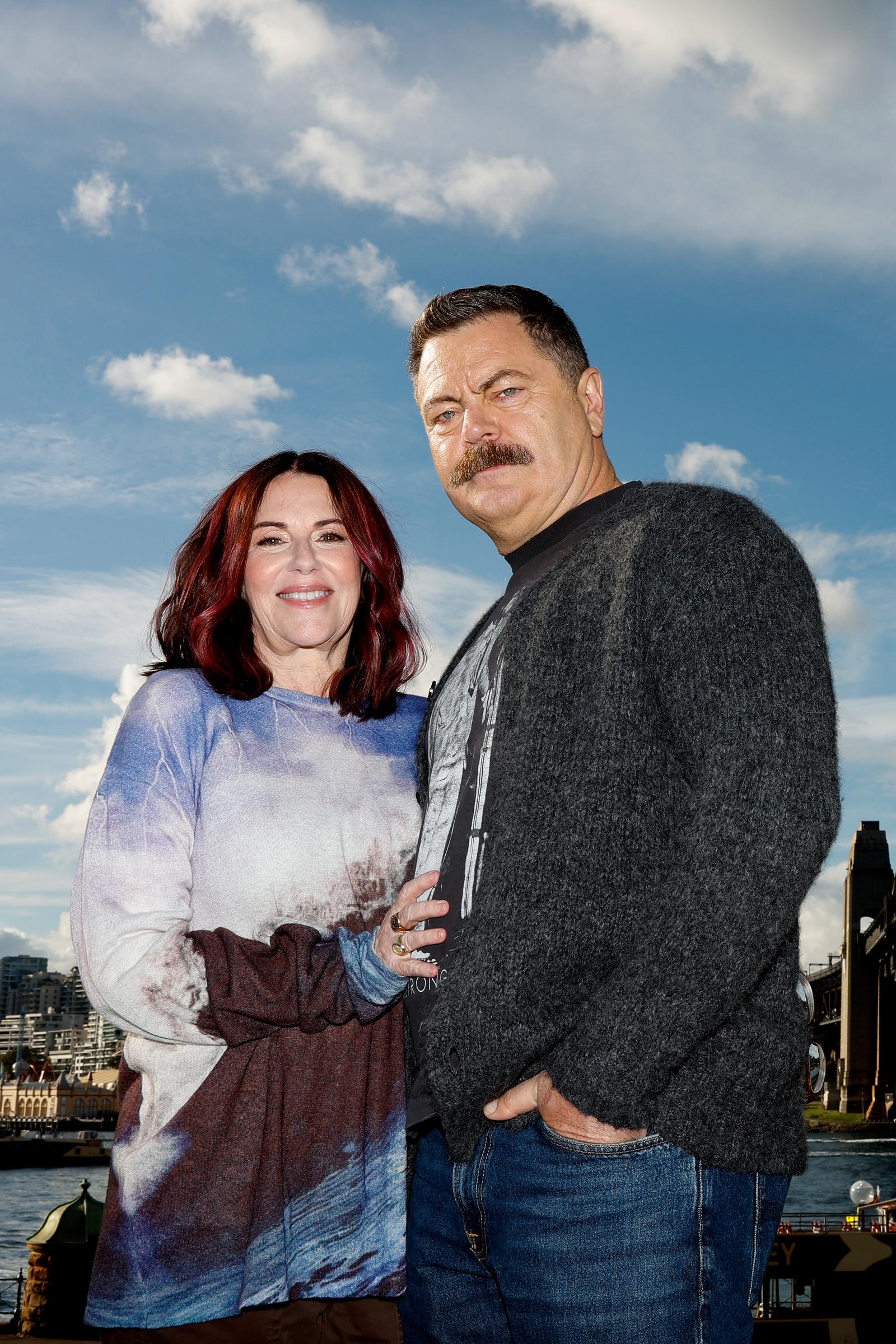 Megan Mullally and Nick Offerman following a press conference at Pier One Sydney Harbour on June 12, 2025, in Australia. | Source: Getty Images