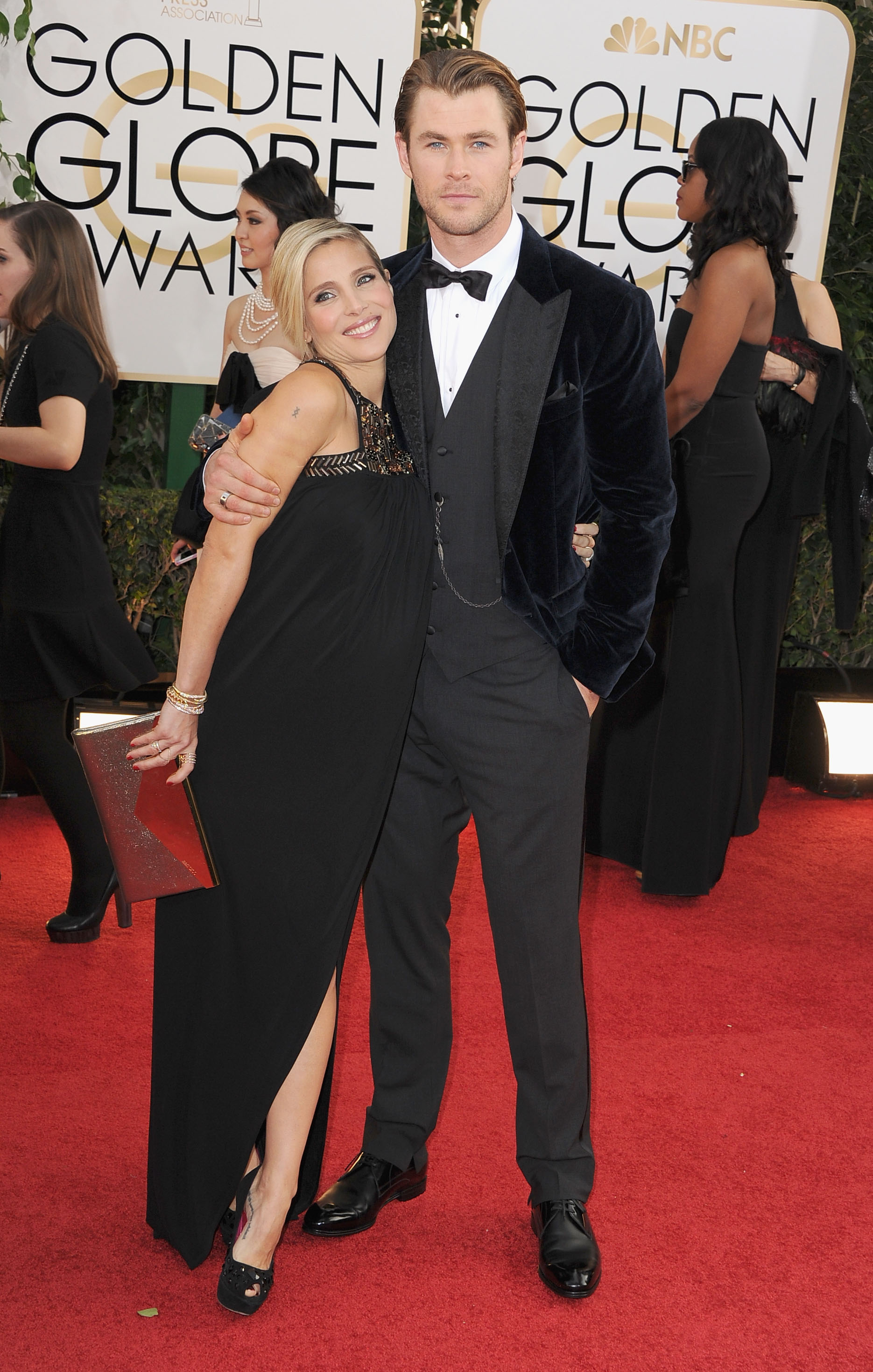 Elsa Pataky, pregnant with twins Tristan and Sasha at the time, glowed in a one-shoulder black gown with beaded detailing, while Chris Hemsworth looked classic in a black tuxedo with a velvet jacket. The couple attended the 71st Annual Golden Globe Awards on January 12, 2014, in Beverly Hills, California.