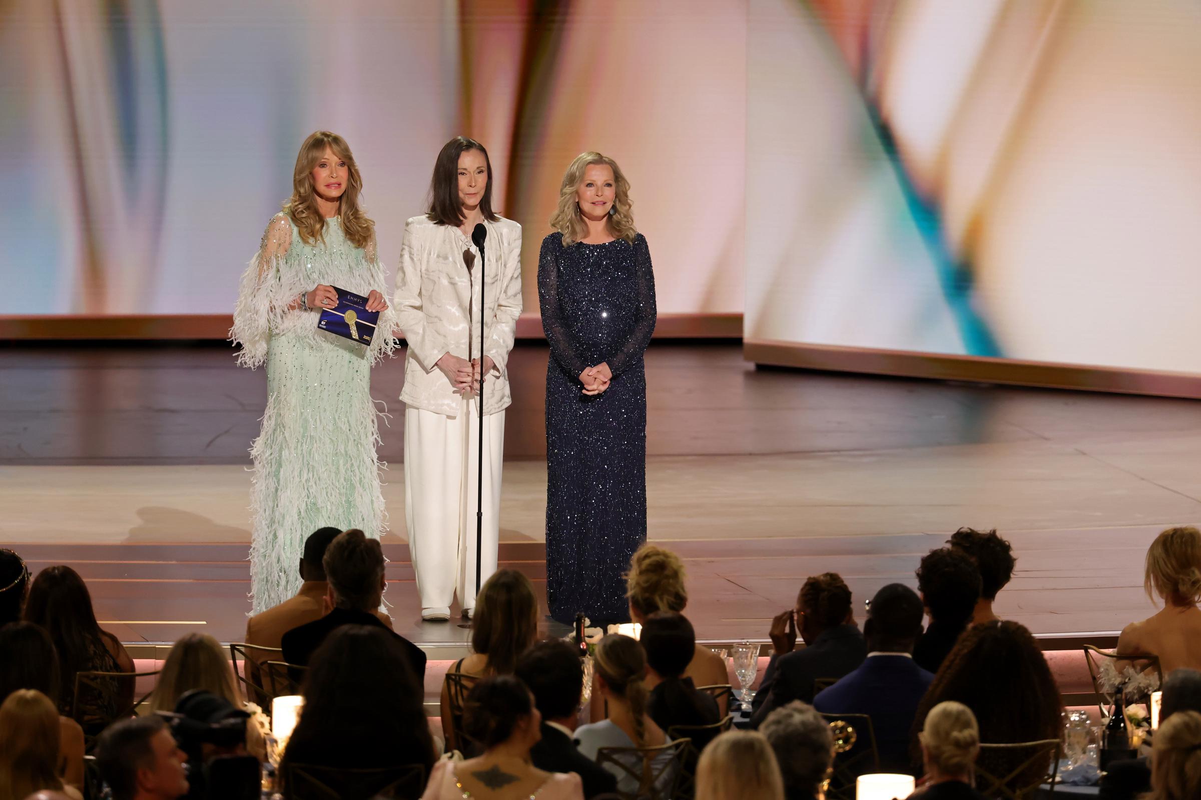 Jaclyn Smith, Kate Jackson, and Cheryl Ladd speak onstage during the 78th Primetime Emmy Awards at the Peacock Theater on September 14, 2026, in Los Angeles, California. | Source: Getty Images