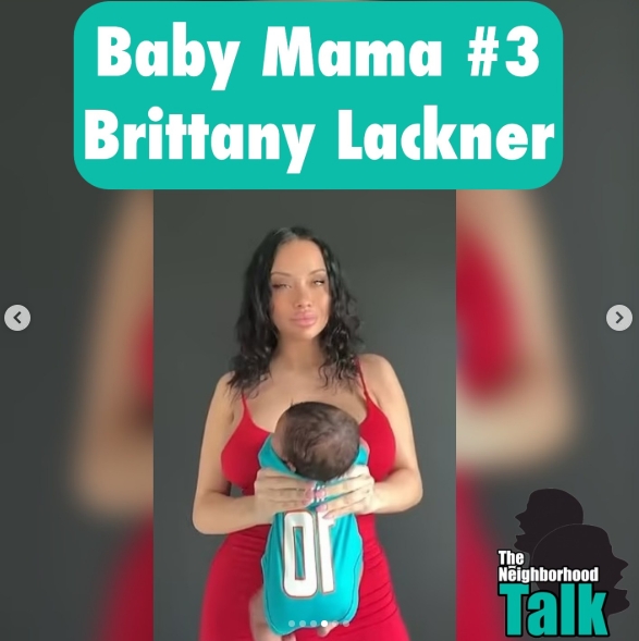 Wearing a red dress, Brittany Lackner poses with her baby facing away from the camera in a teal Miami Dolphins jersey bearing Hill's No. 10. Lackner and Hill welcomed their son, Soul Corazon Hill, on February 7, 2023. She later shared photos of the youngster sporting a jersey featuring his father's surname and number following his birth. | Source: Instagram/theneighborhoodtalk