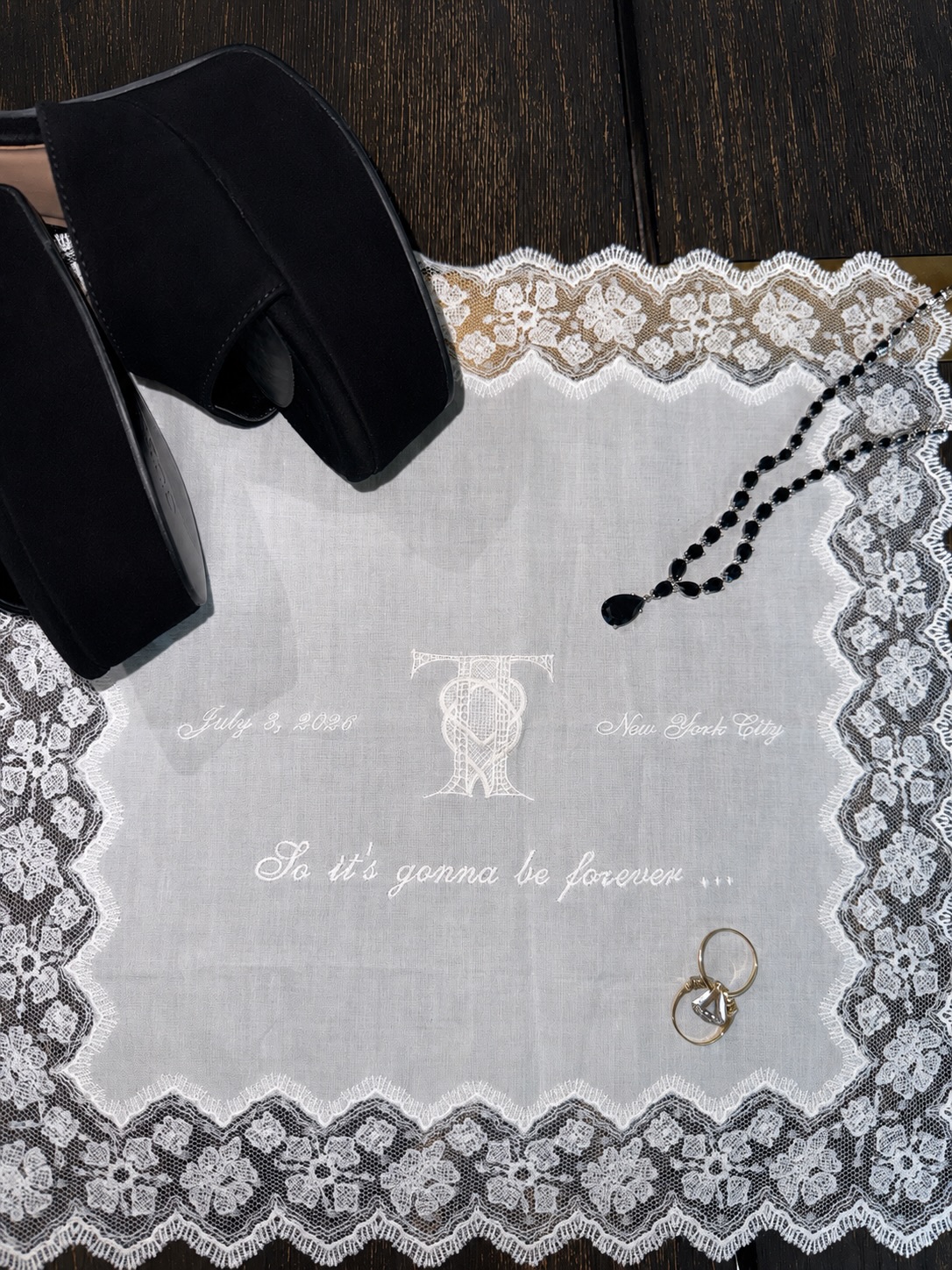 The lace-trimmed wedding favor offered another intimate glimpse into Taylor Swift and Travis Kelce's carefully personalized celebration. Its embroidered date, "New York City" detail, and "So it's gonna be forever…" message tied the keepsake directly to the couple's love story. | Source: Instagram/iamashleysmith
