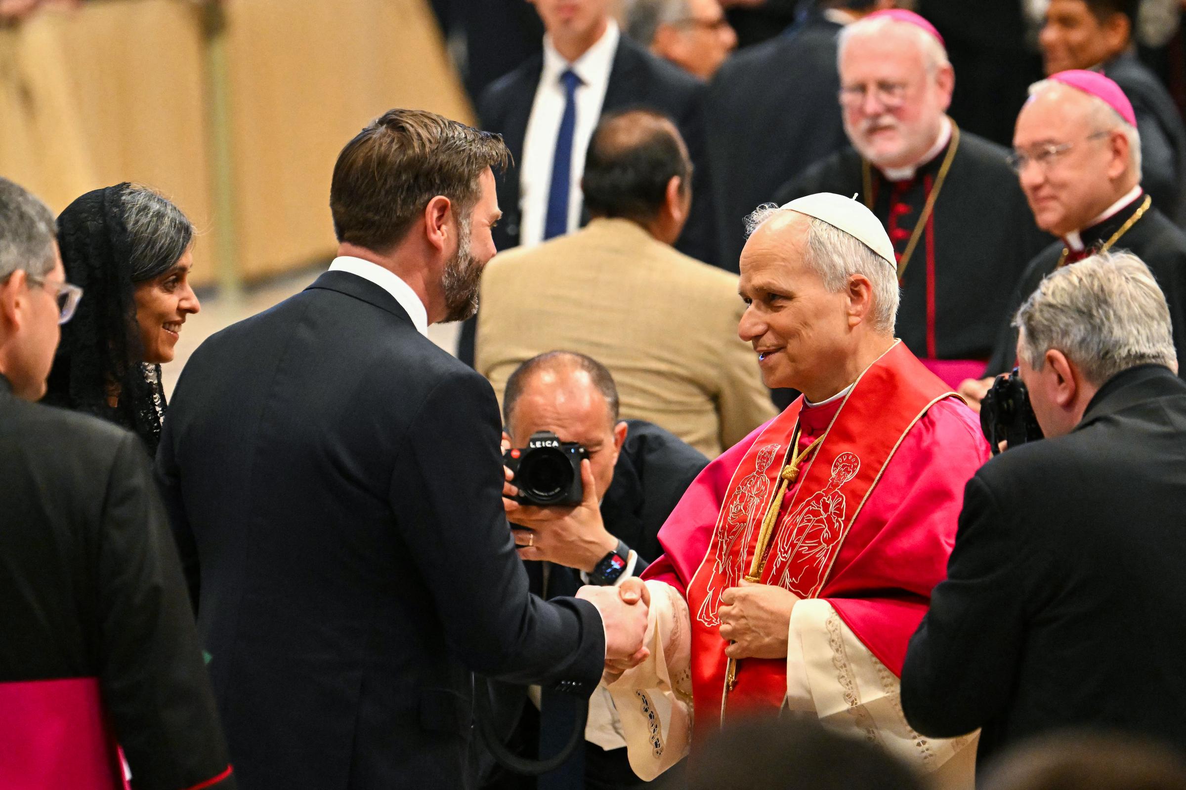Pope Leo XIV meets with Usha Vance and JD Vance at the end of the Inauguration Mass In St. Peter's Square in Vatican City, Vatican, on May 18, 2025 | Source: Getty Images