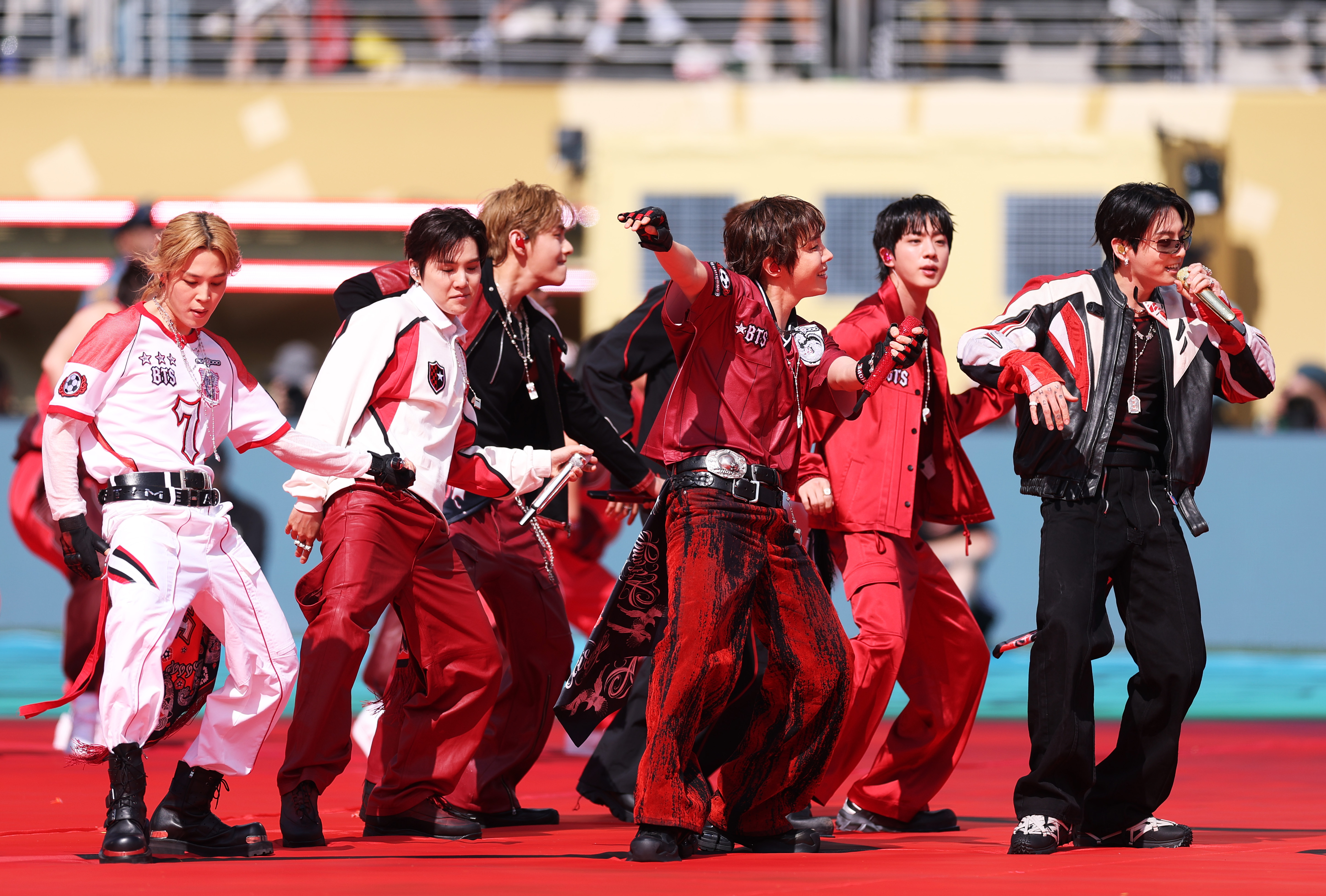 BTS brought one of the world's biggest pop groups to FIFA's first halftime show, reflecting the production's goal of reaching audiences far beyond traditional soccer fans. Their appearance underscored the event's international entertainment focus. | Source: Getty Images