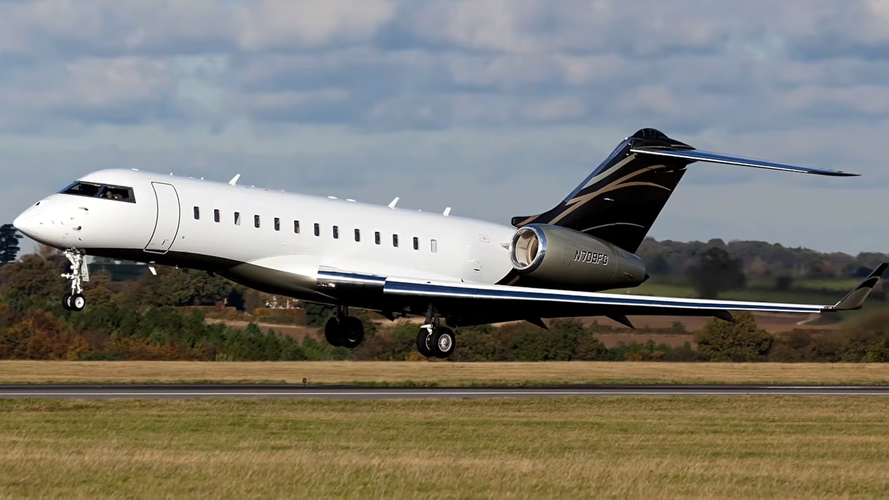 A Bombardier Global Express XRS lifts off the runway during a sunny departure. | Source: YouTube/@WorldOfLuxuryOfficial