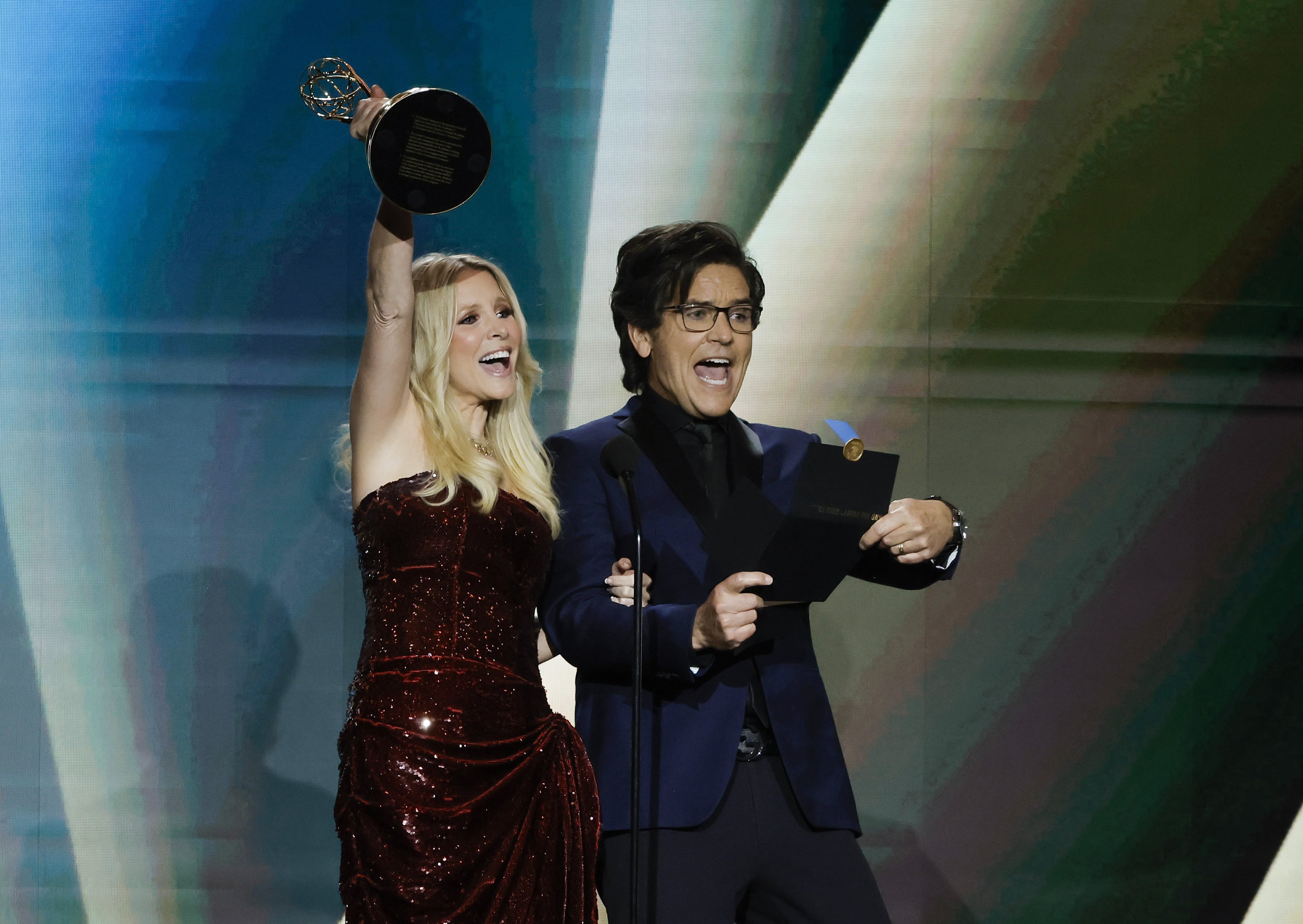 Lauralee Bell and Michael Damian onstage during the Daytime Emmy Awards in Los Angeles in December 2023. | Source: Getty Images