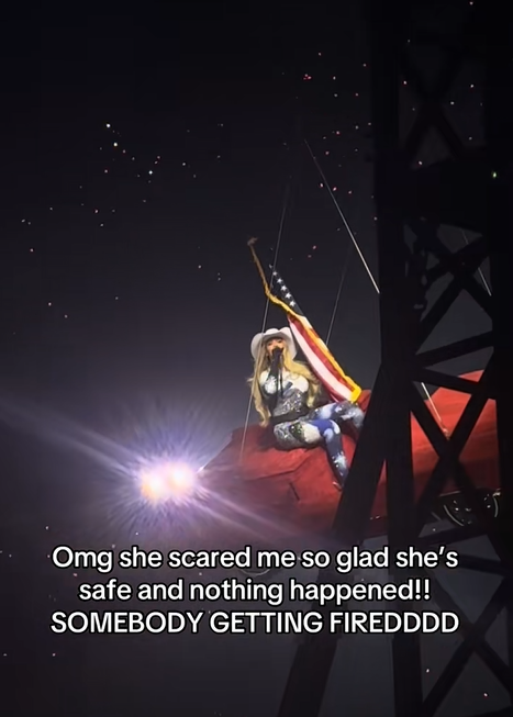 Beyoncé sits cautiously on a tilted red convertible suspended mid-air, gripping her mic as lights flare around her, moments before calmly repeating "Stop" to the crew, posted on June 29, 2025 | Source: Tiktok/stillunjadeddd