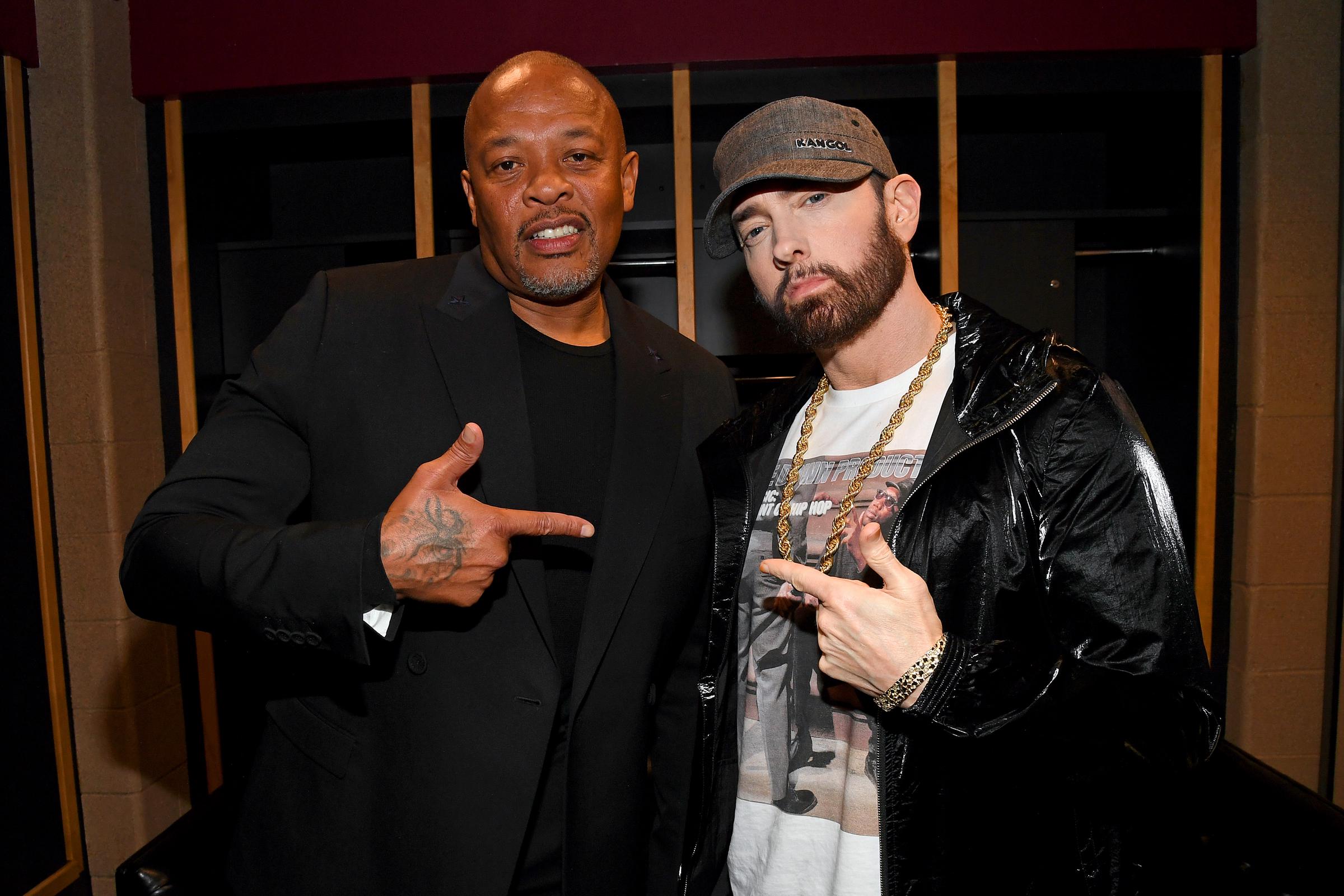Dr. Dre and Eminem pose backstage during the 36th Annual Rock & Roll Hall Of Fame Induction Ceremony on October 30, 2021 | Source: Getty Images