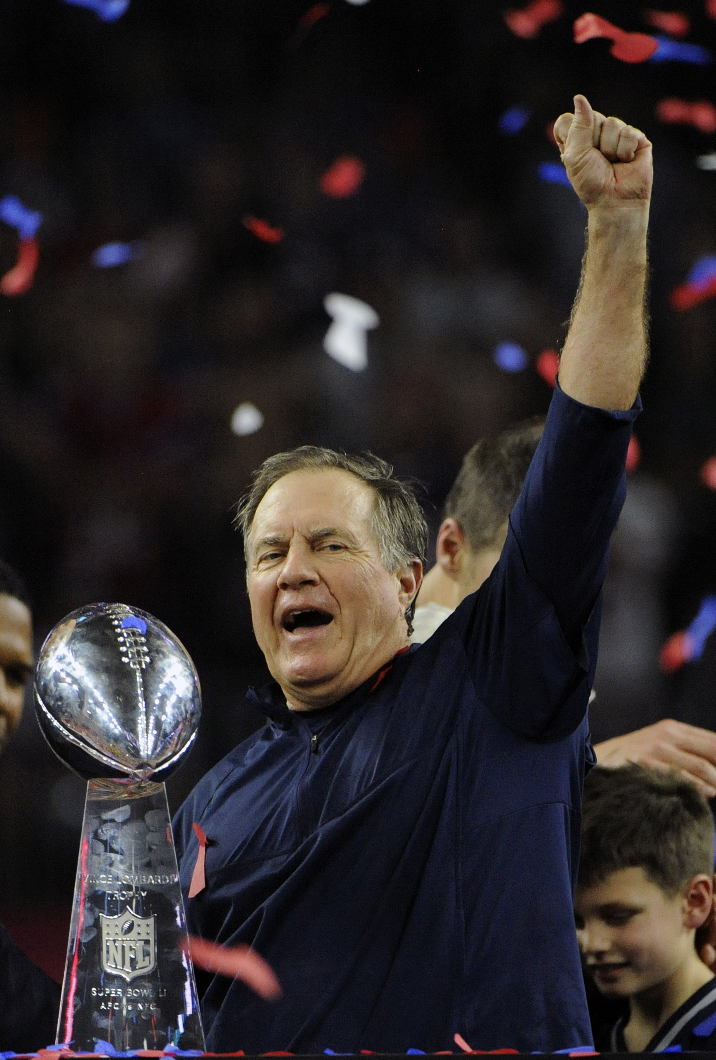 Then Head Coach Bill Belichick of the New England Patriots celebrating with the Vince Lombardi trophy after the Patriots defeated the Atlanta Falcons 34-28 in overtime of Super Bowl 51 at NRG Stadium on February 5, 2017, in Houston, Texas. | Source: Getty Images