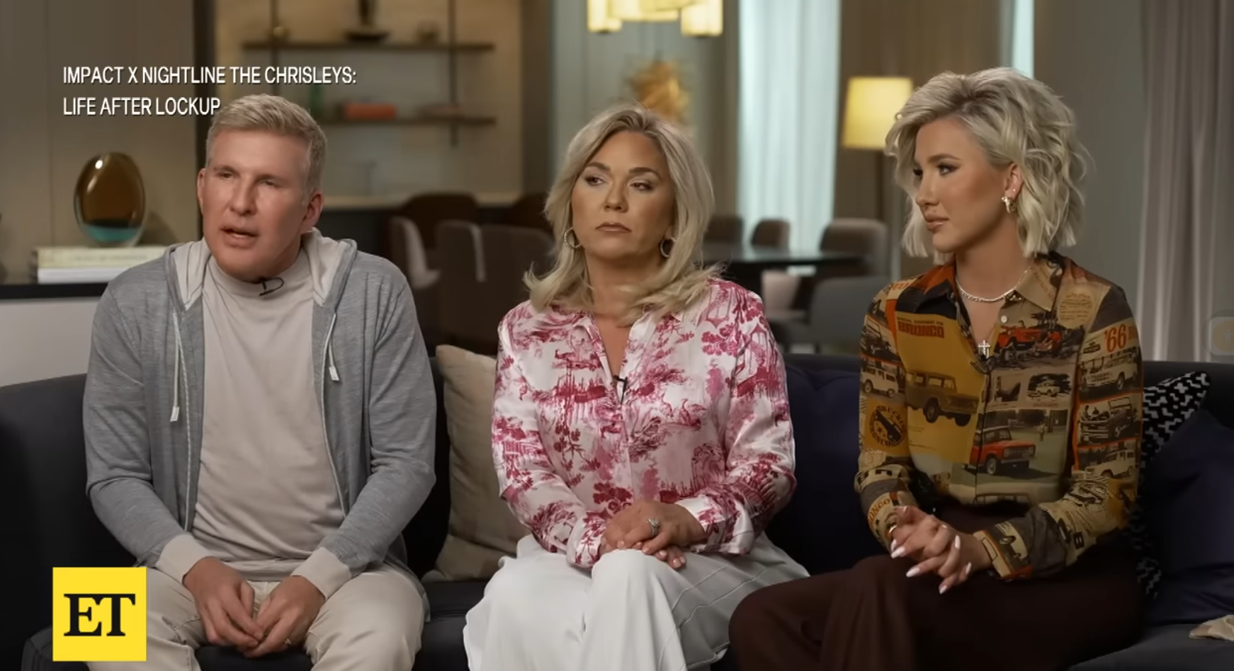 Julie and Todd Chrisley are sitting with their daughter, Savannah, as they talk about their time in prison, in a video dated June 30, 2025. | Source: YouTube/entertainmenttonight