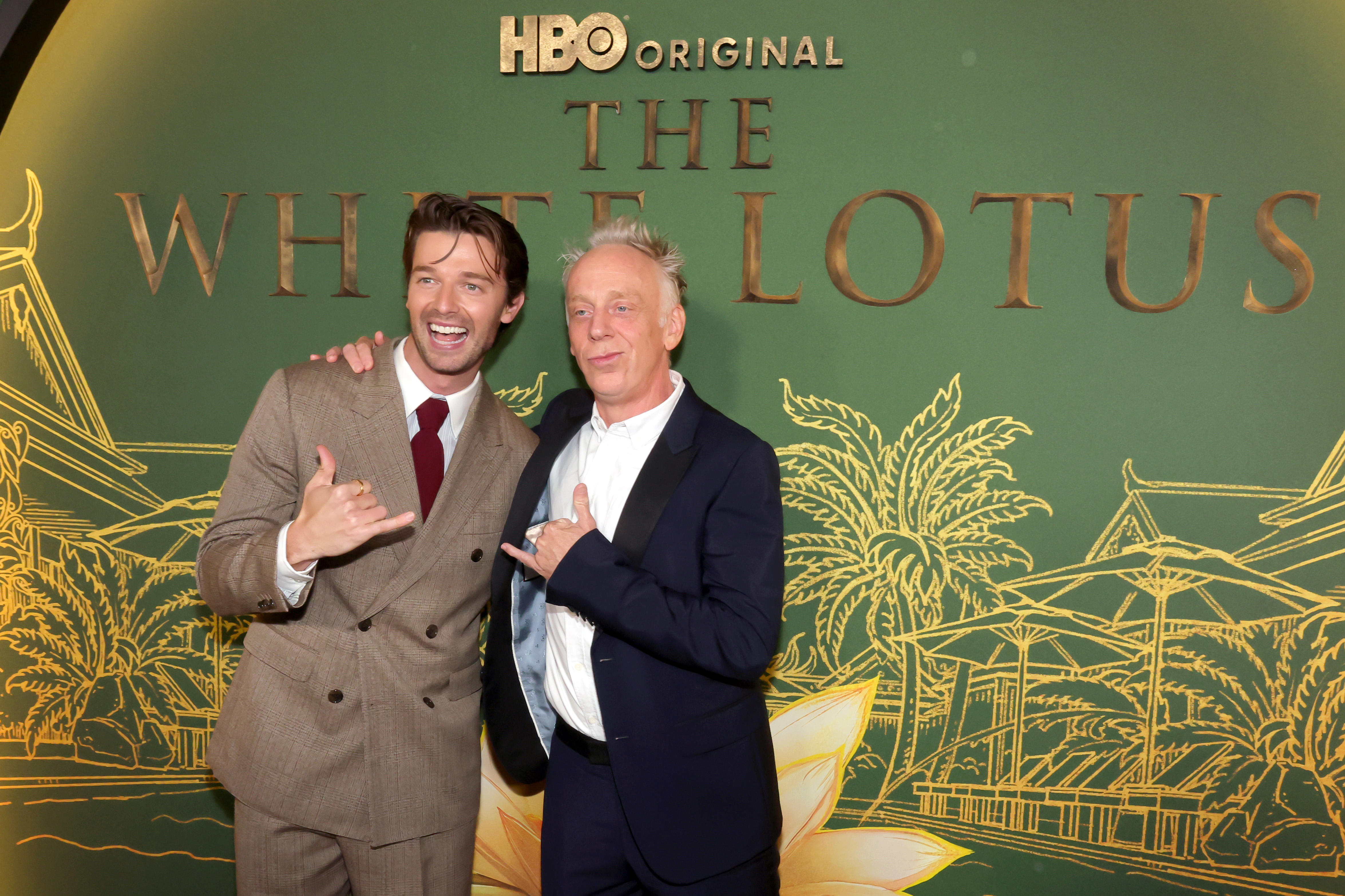 Patrick Schwarzenegger and Mike White attend the Los Angeles Premiere of HBO Original Series "The White Lotus" Season 3 on February 10, 2025. | Source: Getty Images