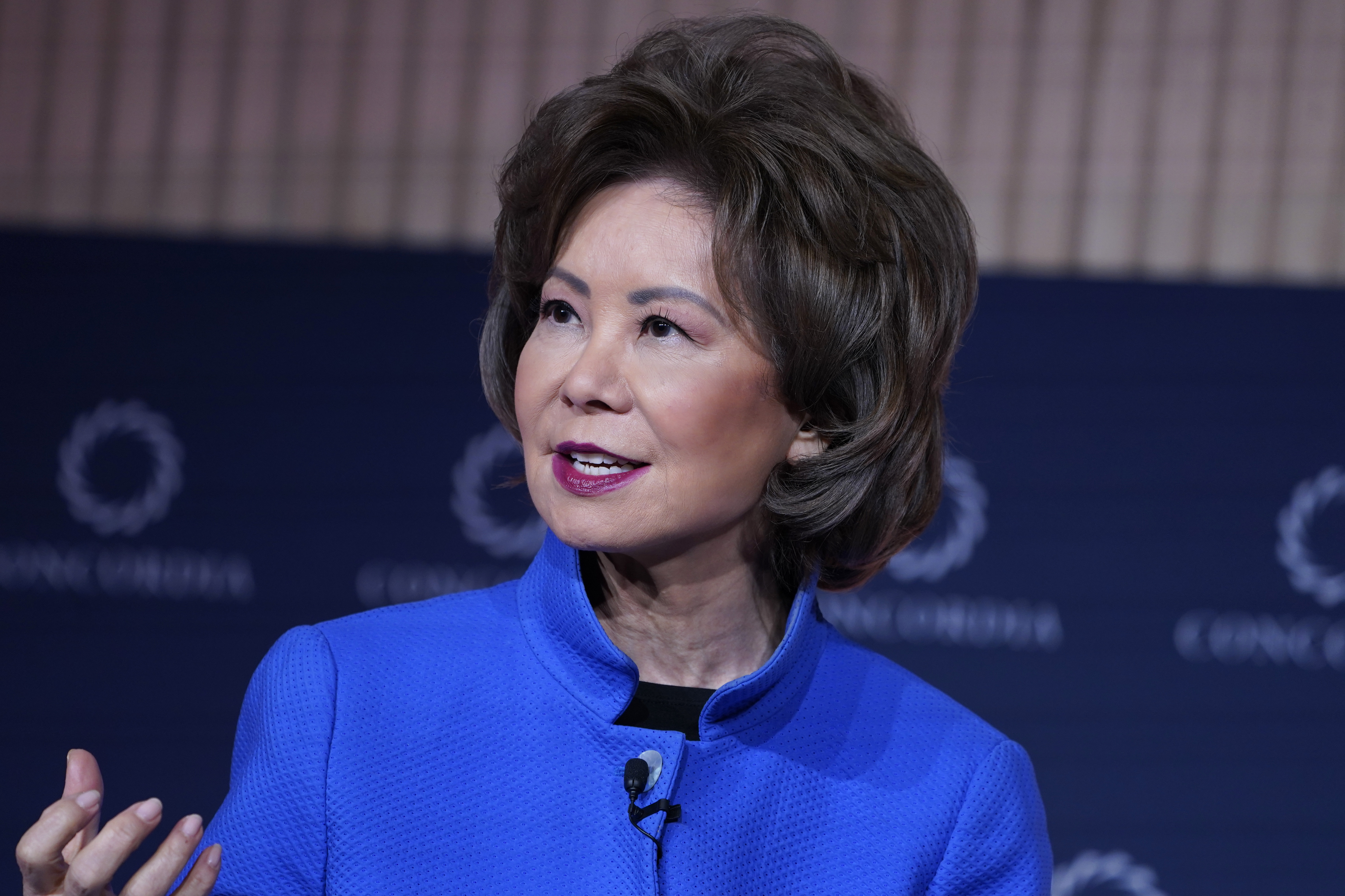 Elaine Chao speaks during a public appearance, as her representative later explained why she did not immediately return from China following Mitch McConnell's hospitalization. | Source: Getty Images