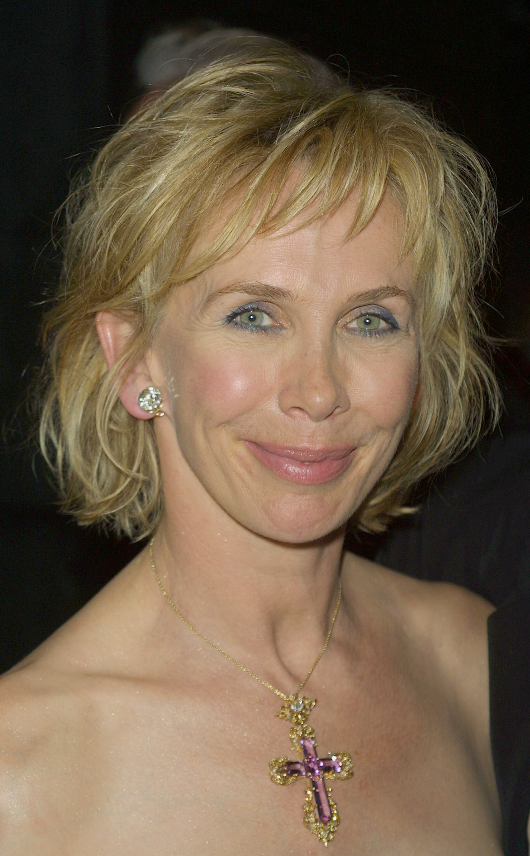 Trudie Styler, at 47, showed pronounced fine lines radiating from the corners of her eyes, a soft, closed-mouth smile with a slight turn to the left, and heavy blue eyeliner/eyeshadow highlighting her gaze, while attending the "Greenfingers" Screening on July 18, 2001, at Sony Lincoln Square Theater in New York City.