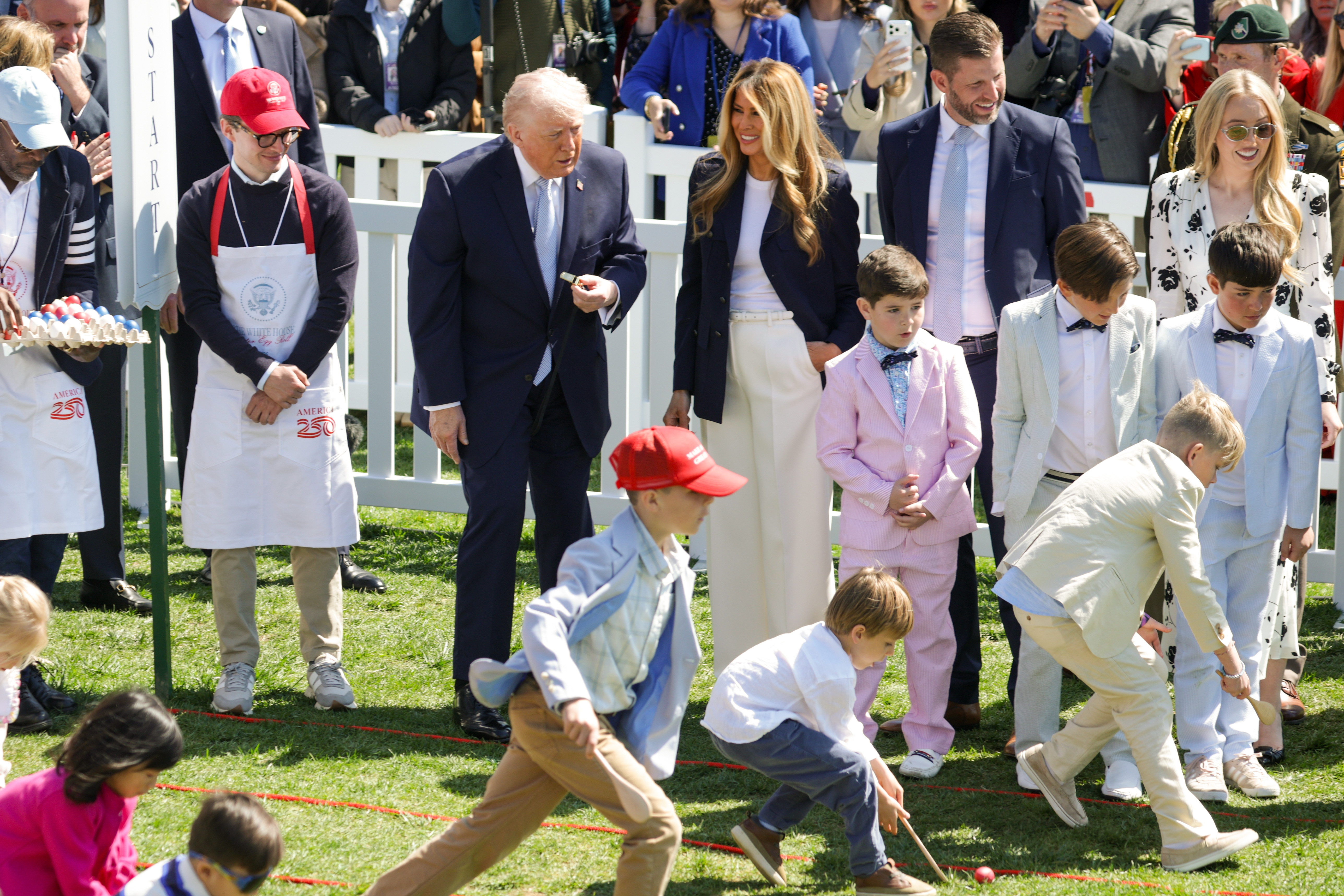 U.S. President Donald Trump, First Lady Melania Trump, Eric Trump and Tiffany Trump watch a race during the Easter Egg Roll on the South Lawn of the White House on April 6, 2026, in Washington, DC | Source: Getty Images