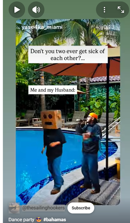 The video shows Brian and Lynette Hooker having fun together by a pool in a lush, tropical backyard setting with palm trees. | Source: YouTube Shorts/@thesailinghookers