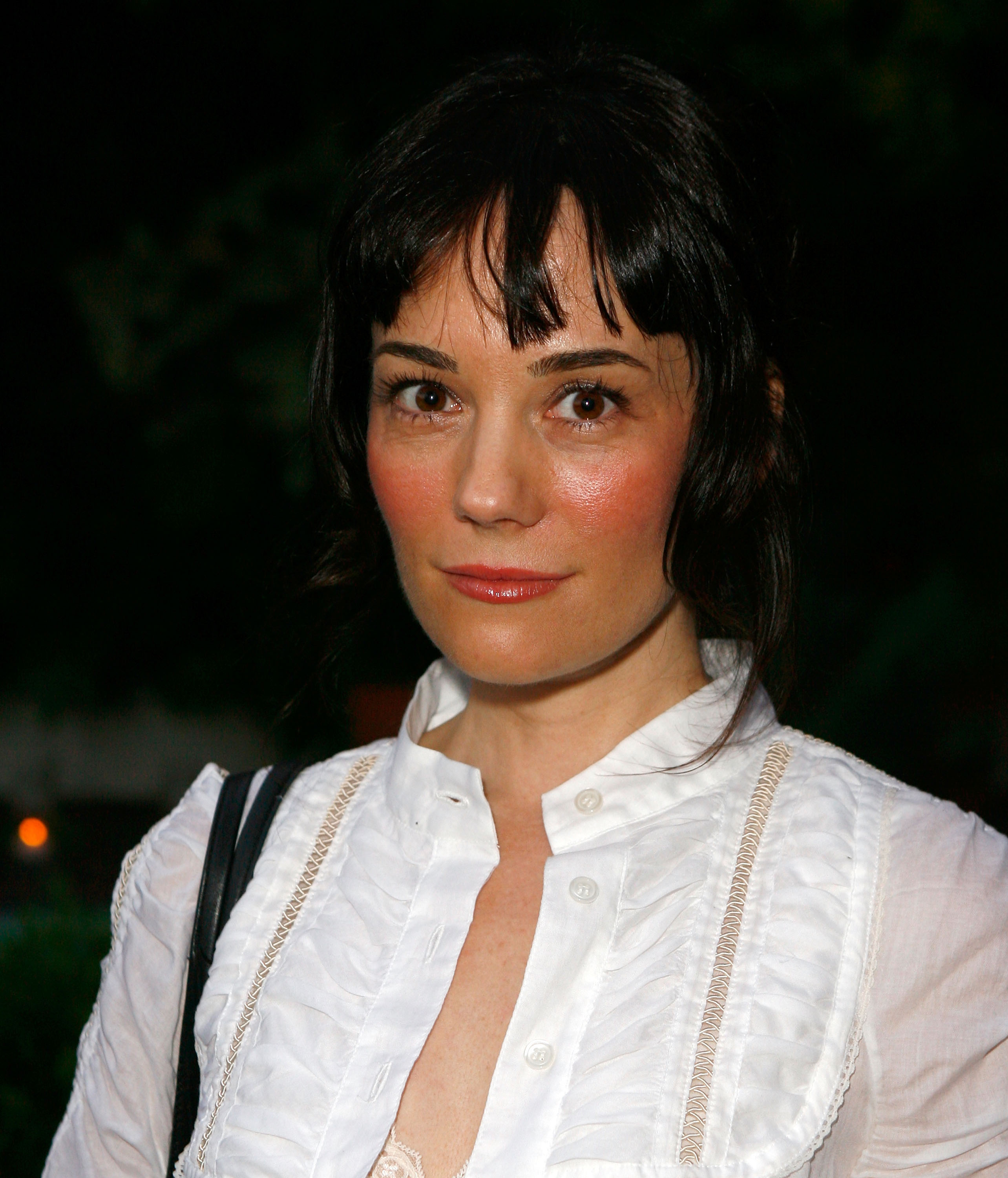 Natasha Gregson Wagner attends the Lucky Magazine and Foley + Corinna Resort Collection Launch at the Chateau Marmont on July 25, 2007, in Hollywood, California. She wears a white button-up blouse with lace detailing and natural makeup with a soft blush.