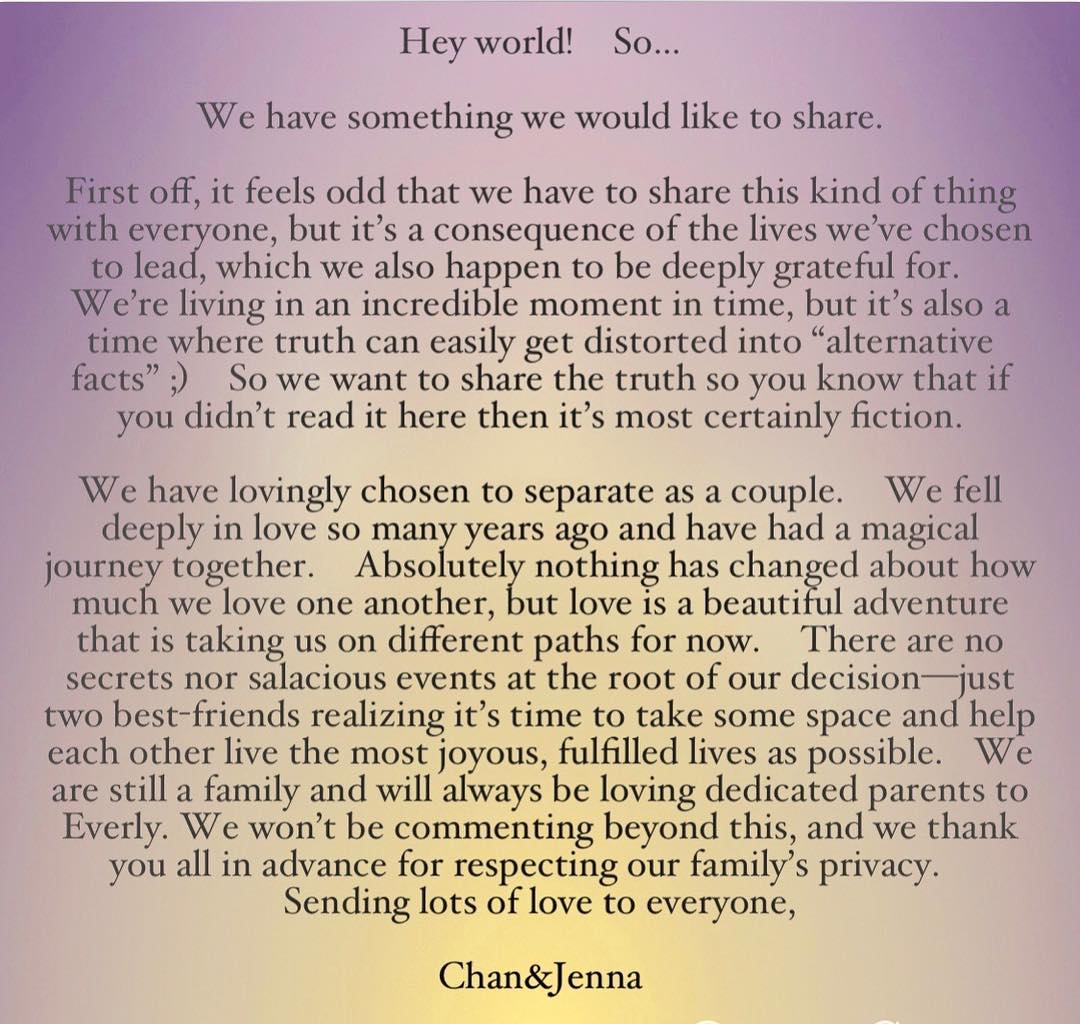 In the 2018 statement, Dewan and Tatum told fans they had "lovingly chosen to separate as a couple" and said there were "no secrets nor salacious events at the root of our decision." The announcement marked one of the biggest personal turning points in Dewan's public life. | Source: Instagram/jennadewan