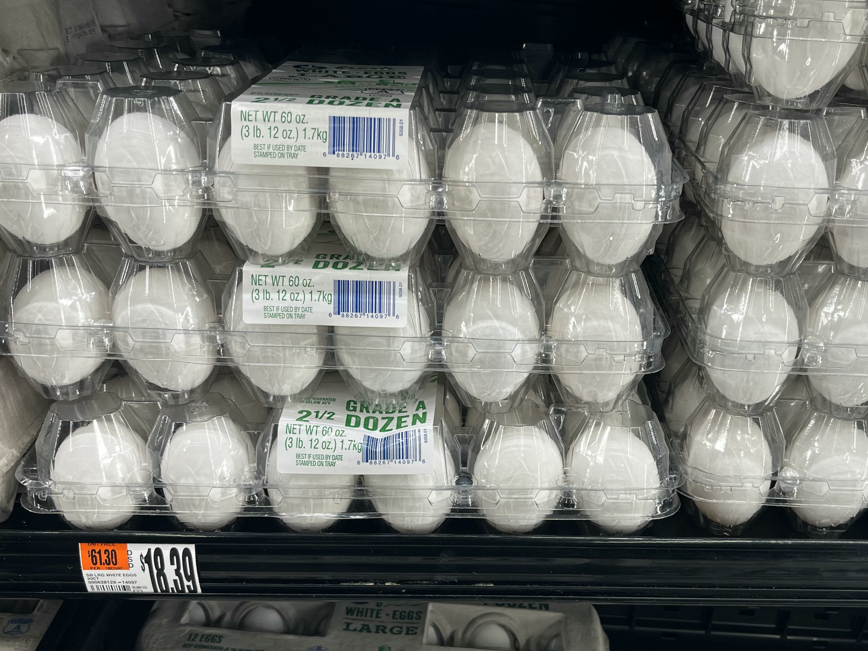 Trays of eggs are displayed for sale. Nearly 1.6 million dozen eggs are included in the Midwest Poultry Services recall. | Source: Getty Images