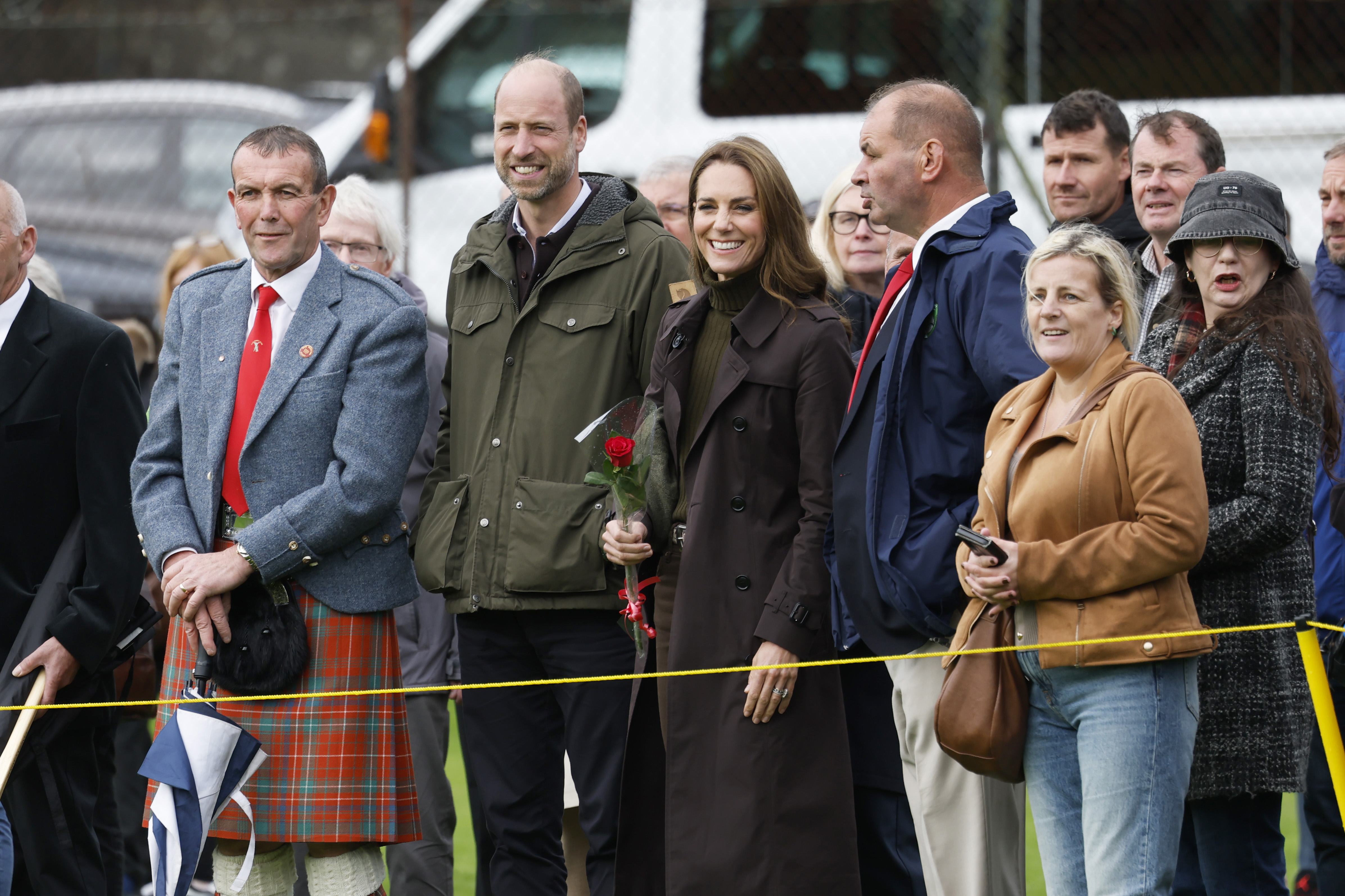 Catherine and William spent time close to spectators during their visit to Bute Shinty Club. The stop gave the couple another opportunity to meet members of the local community during their day on the island. | Source: Getty Images