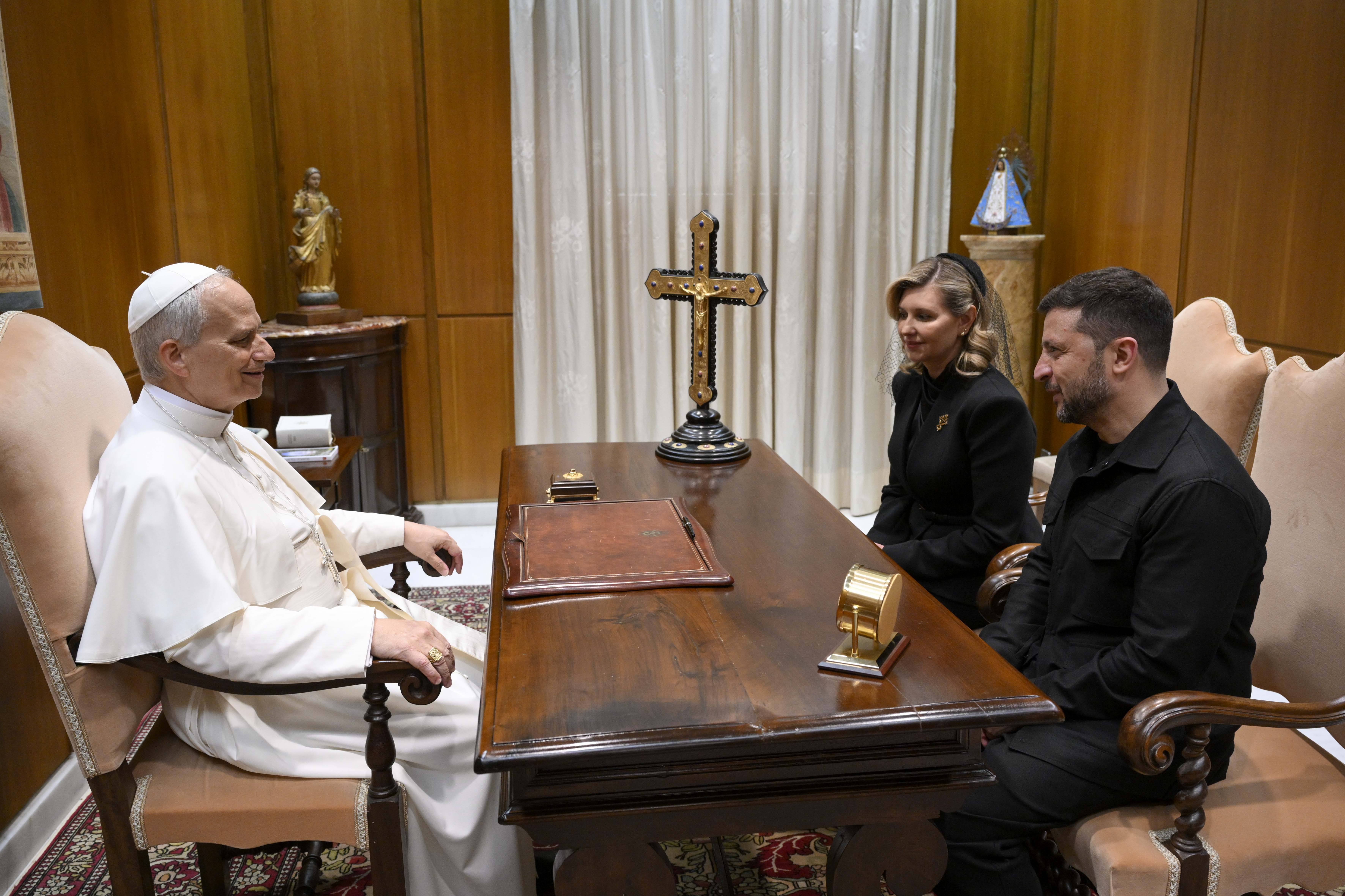 Pope Leo XIV receives Ukrainian President Volodymyr Zelenskyy and First Lady Olena Zelenska in a formal audience at the Vatican on May 18, 2025, following the Mass that marked the beginning of the pontiff’s official ministry.