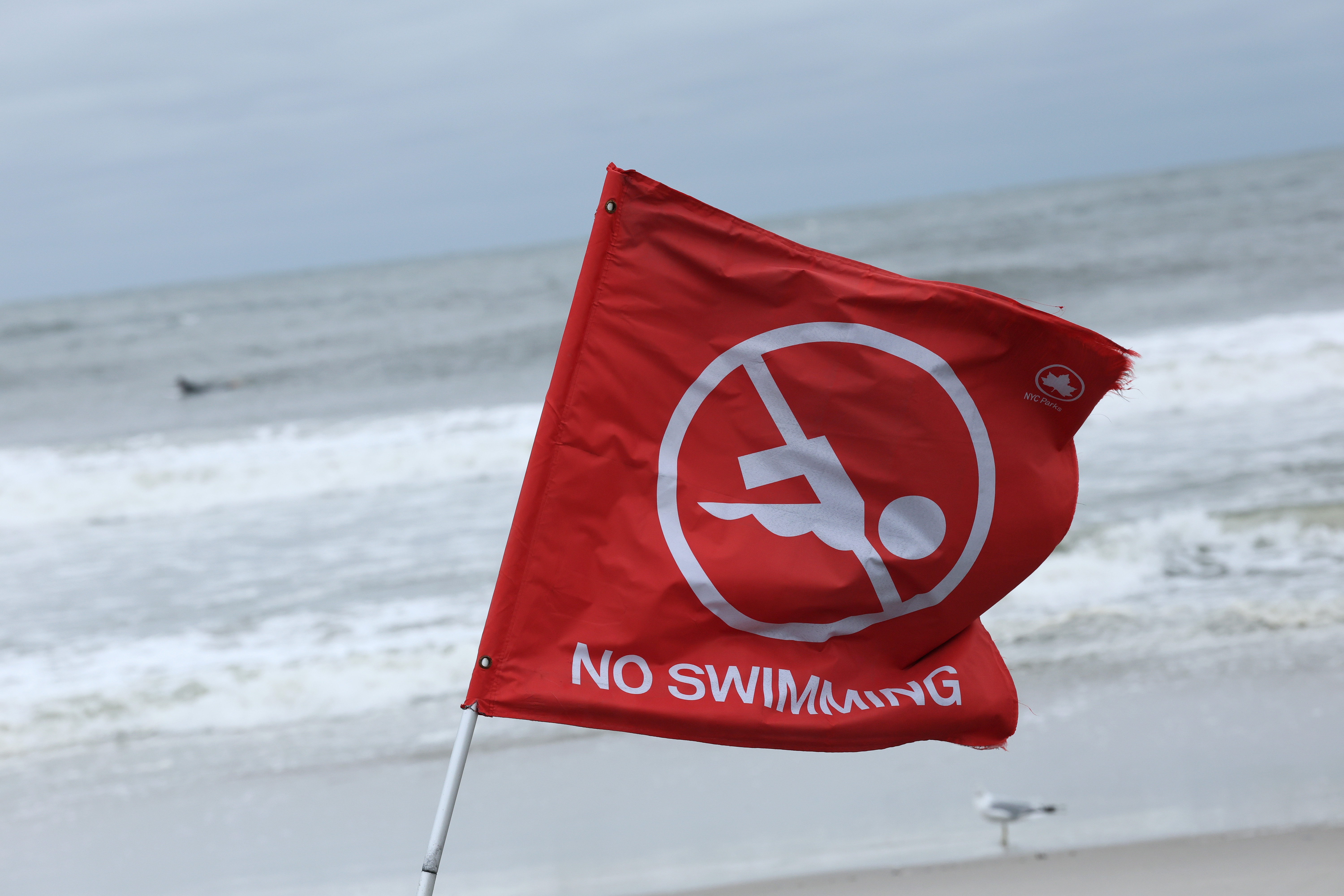 "No swimming" warning flag flies at Rockaway Beach, New York, on August 21, 2025, as Hurricane Erin causes rough surf and rip currents | Source: Getty Images