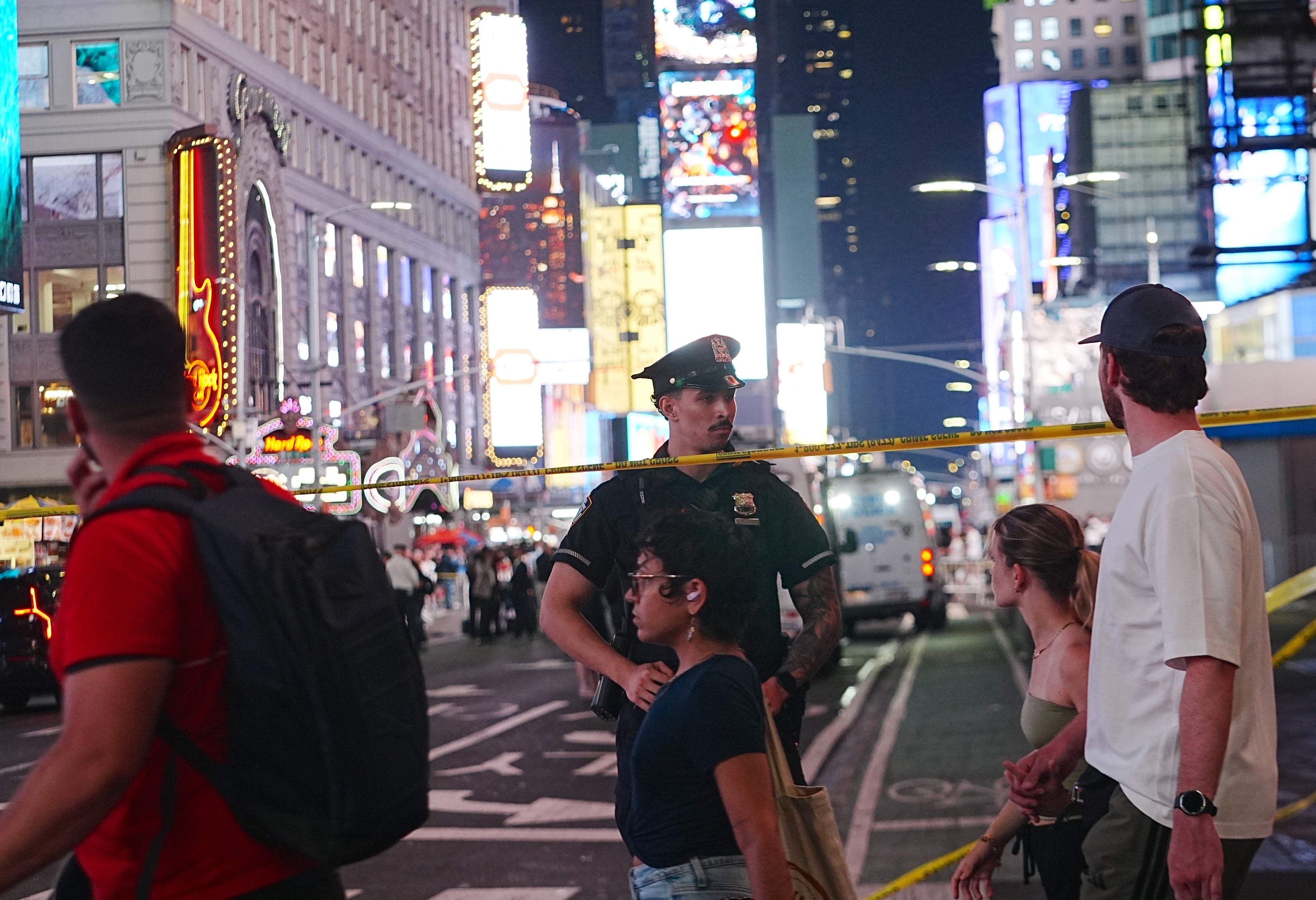 New York Police Department officers investigated the scene after police shot and wounded an armed suspect near West 42nd Street and Seventh Avenue in Times Square on August 31, 2026, in New York, New York.