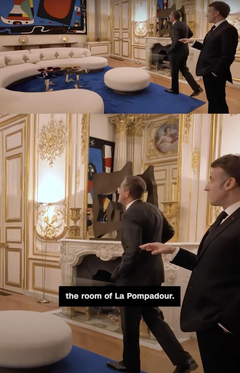 French President Emmanuel Macron showing CNN's Richard Quest around the Pompadour Room, posted on February 12, 2025. | Source: YouTube/CNN