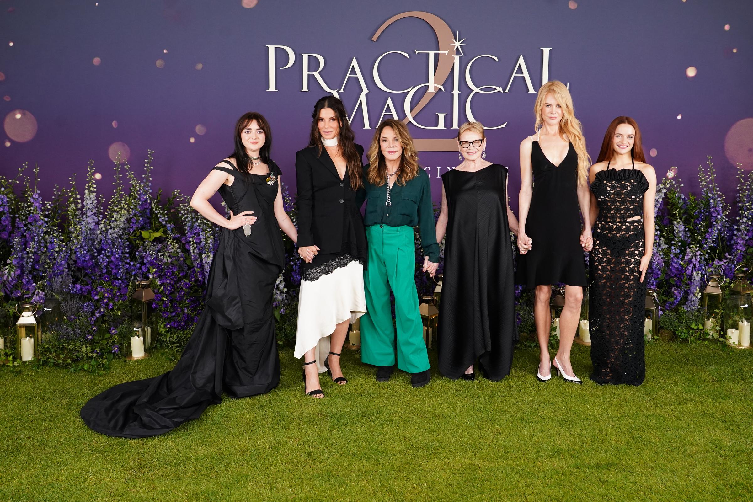 Stockard Channing joins Maisie Williams, Sandra Bullock, Dianne Wiest, Nicole Kidman and Joey King for a group portrait during the Practical Magic 2 photocall at Claridge's Hotel in London on August 27, 2026. The reunion brings together the cast members at the center of the magical sequel, with Channing once again stepping into the role of Aunt Franny. | Source: Getty Images