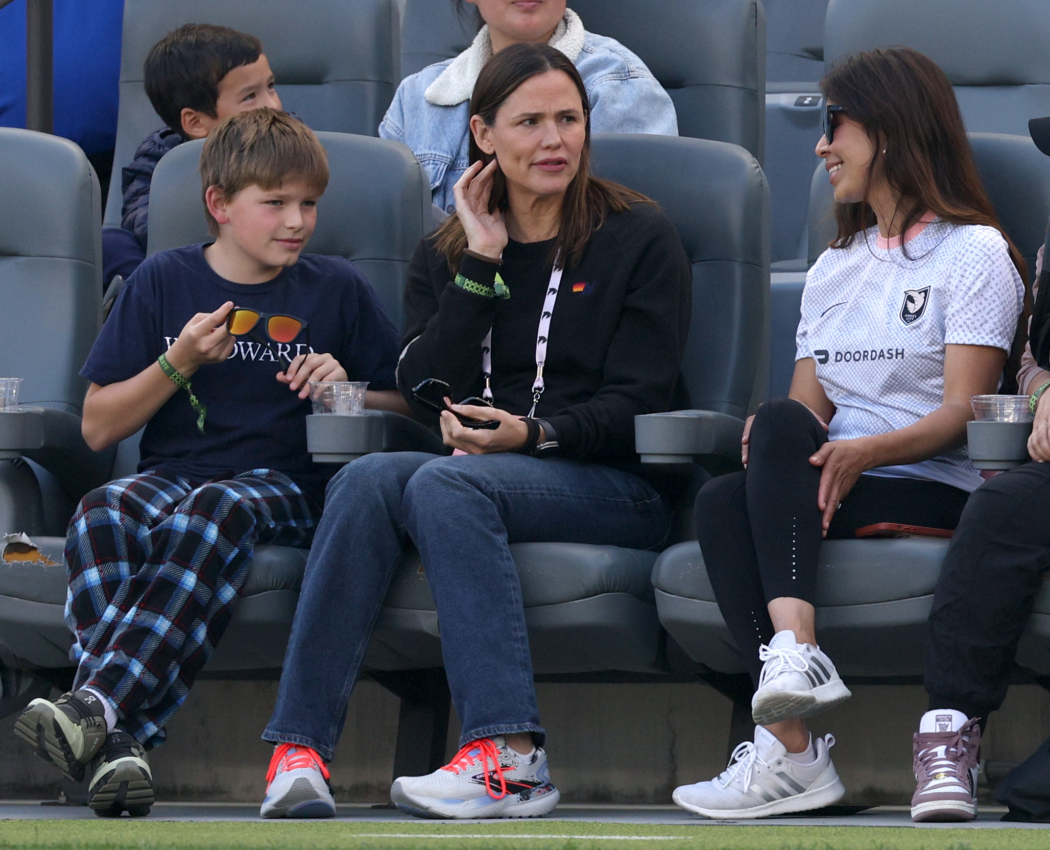 Actress Jennifer Garner and son Samuel Garner Affleck on the sidelines during the game between the Houston Dash and the Angel City FC on May 12, 2024, in Los Angeles, California | Source: Getty Images