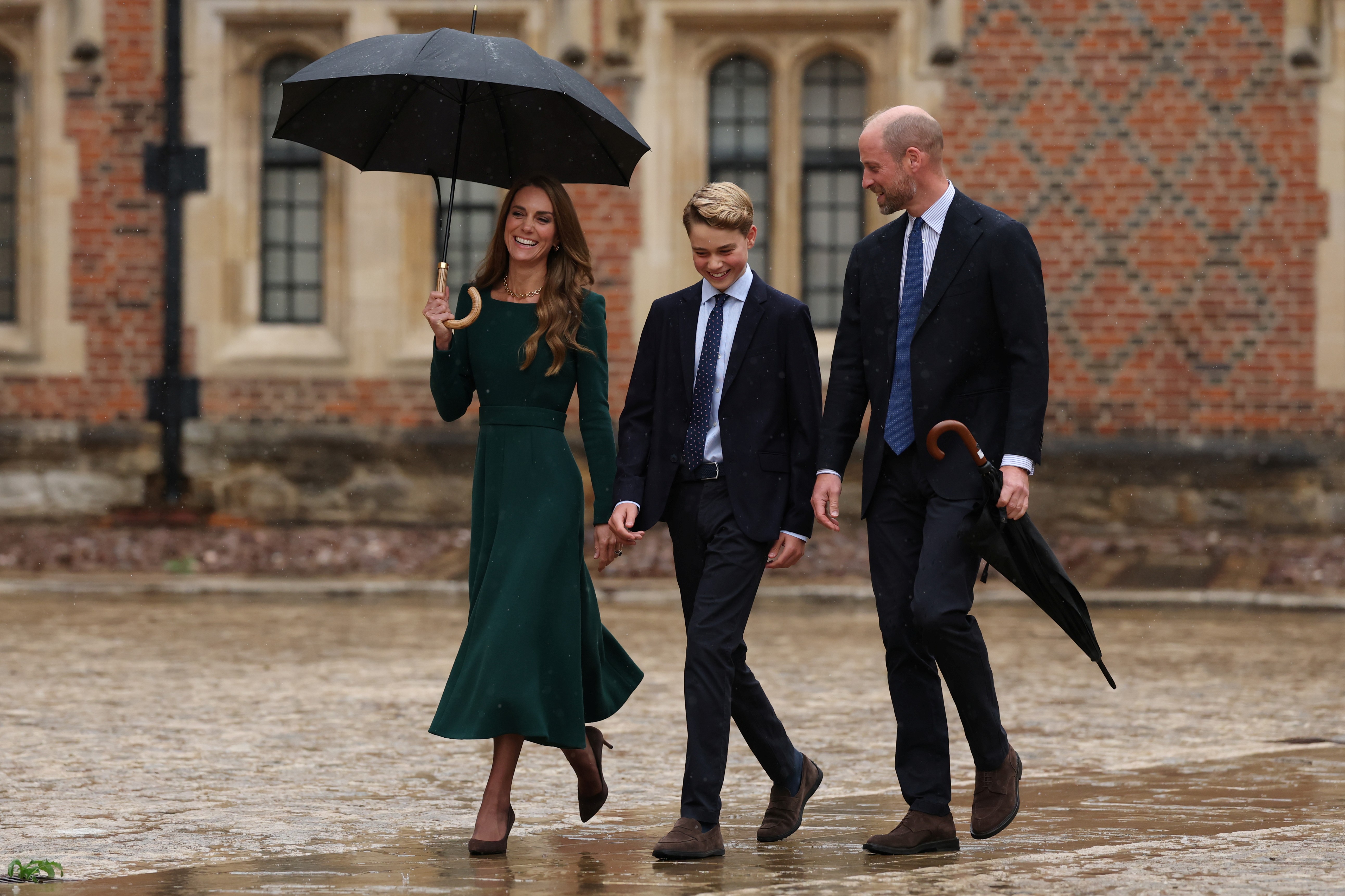 William and Catherine walked with George as he arrived for his first day at Eton on Sept. 8, 2026. The milestone brought George to the same school his father attended, continuing a family connection that extends to the name each used as a student. | Source: Getty Images