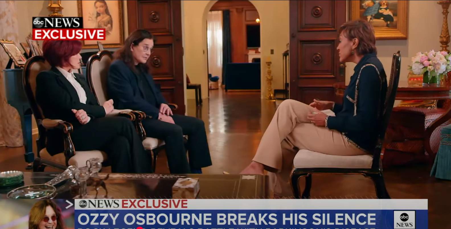 Sharon and Ozzy Osbourne in an interview in their home with Robin Roberts for Good Morning America, from a video dated January 21, 2020. | Source: YouTube/@GMA