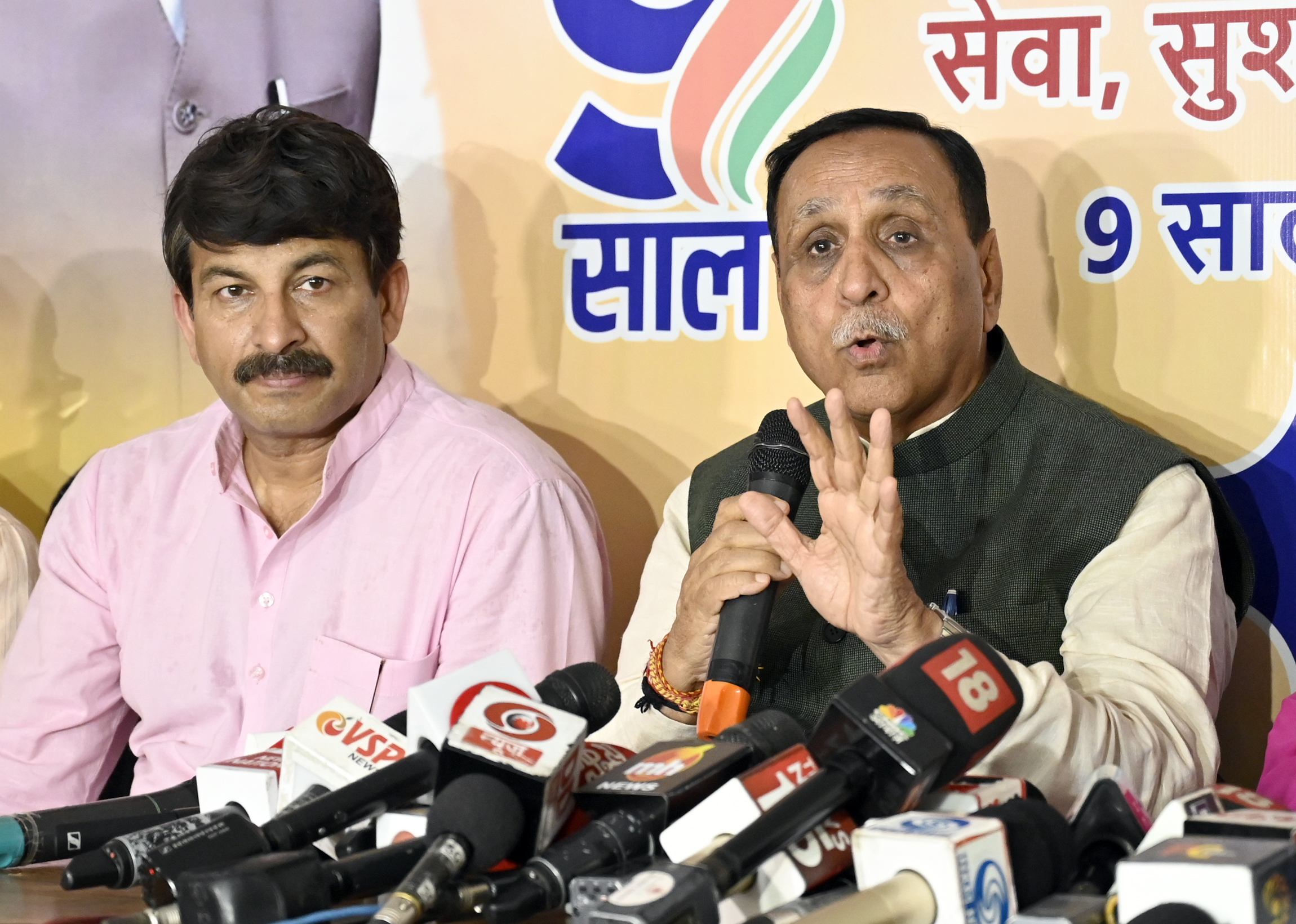 Former Chief minister of Gujarat, Vijay Rupani at a press conference on completion of the NDA Government at Mother Crescent Road, in New Delhi, India on June 6, 2023| Source: Getty Images