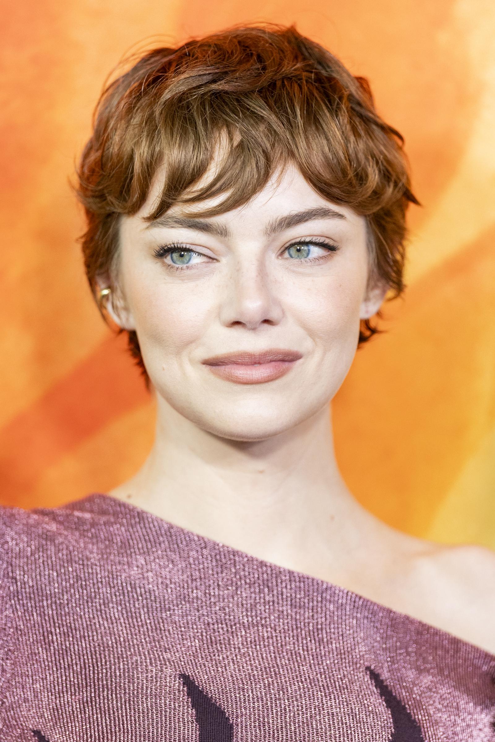Stone's face is highlighted exquisitely in this photo, showcasing its distinct oval shape with a softly rounded chin. Her gentle, closed-lip smile creates a serene curve, while her striking blue-green, almond-shaped eyes, framed by subtly hooded eyelids, complete the captivating portrait.