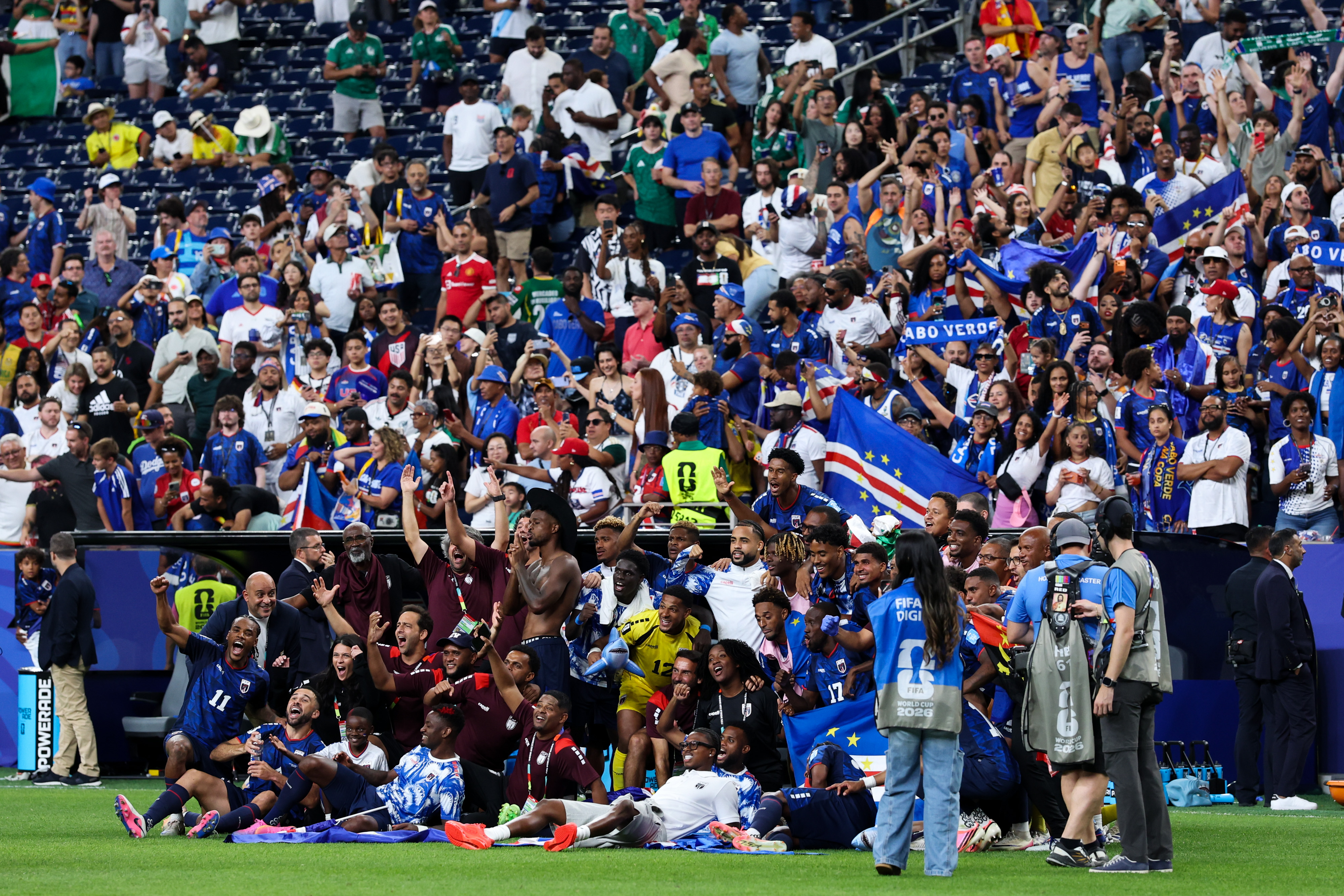 The Cape Verde national soccer team celebrates after the FIFA World Cup 2026 Group H match between Cape Verde and Saudi Arabia at Houston Stadium on June 26 in Texas. | Source: Getty Images