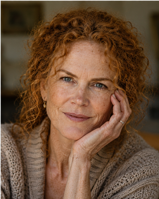 Her signature coppery curls return alongside a beautifully weathered, freckled complexion. The deep, prominent laugh lines and pronounced crow's feet showcase the rich, untouched texture of a face allowed to move and age with total freedom. | Source: Midjourney