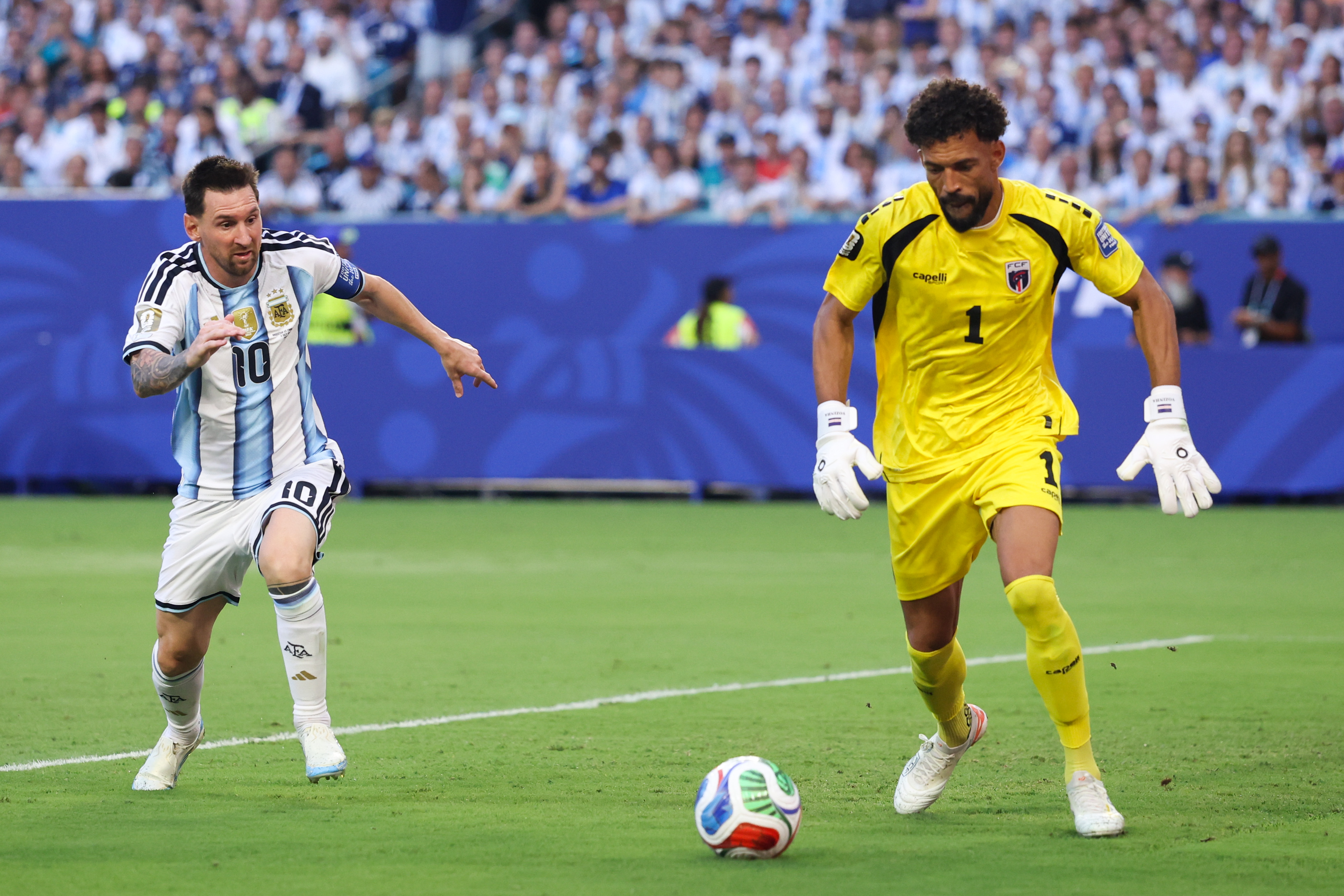 Lionel Messi and Vozinha during the FIFA World Cup 2026 Round of 32 match between Argentina and Cape Verde at Miami Stadium on July 3 in Miami Gardens, Florida. | Source: Getty Images