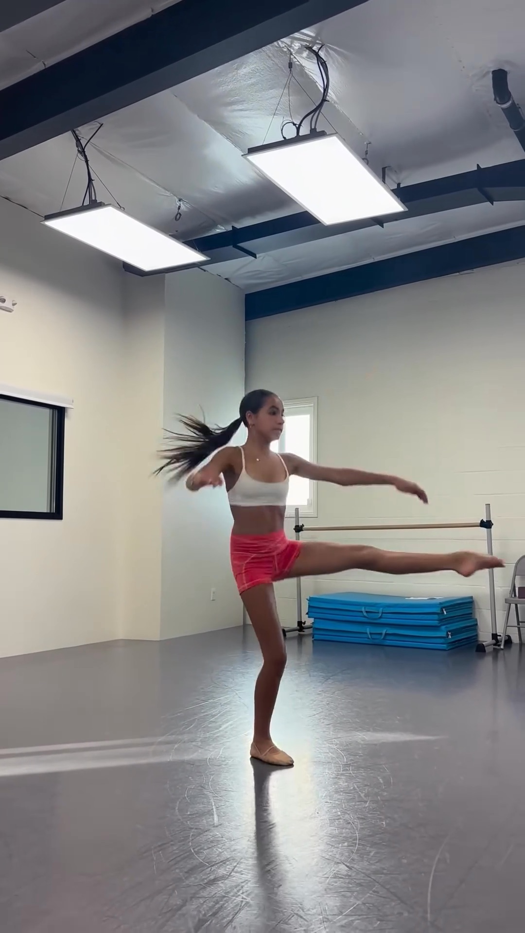 Fiona works through choreography during a studio rehearsal. Her teacher Kendra Andrews later said the progress she made between sessions showed how much she had practiced on her own.