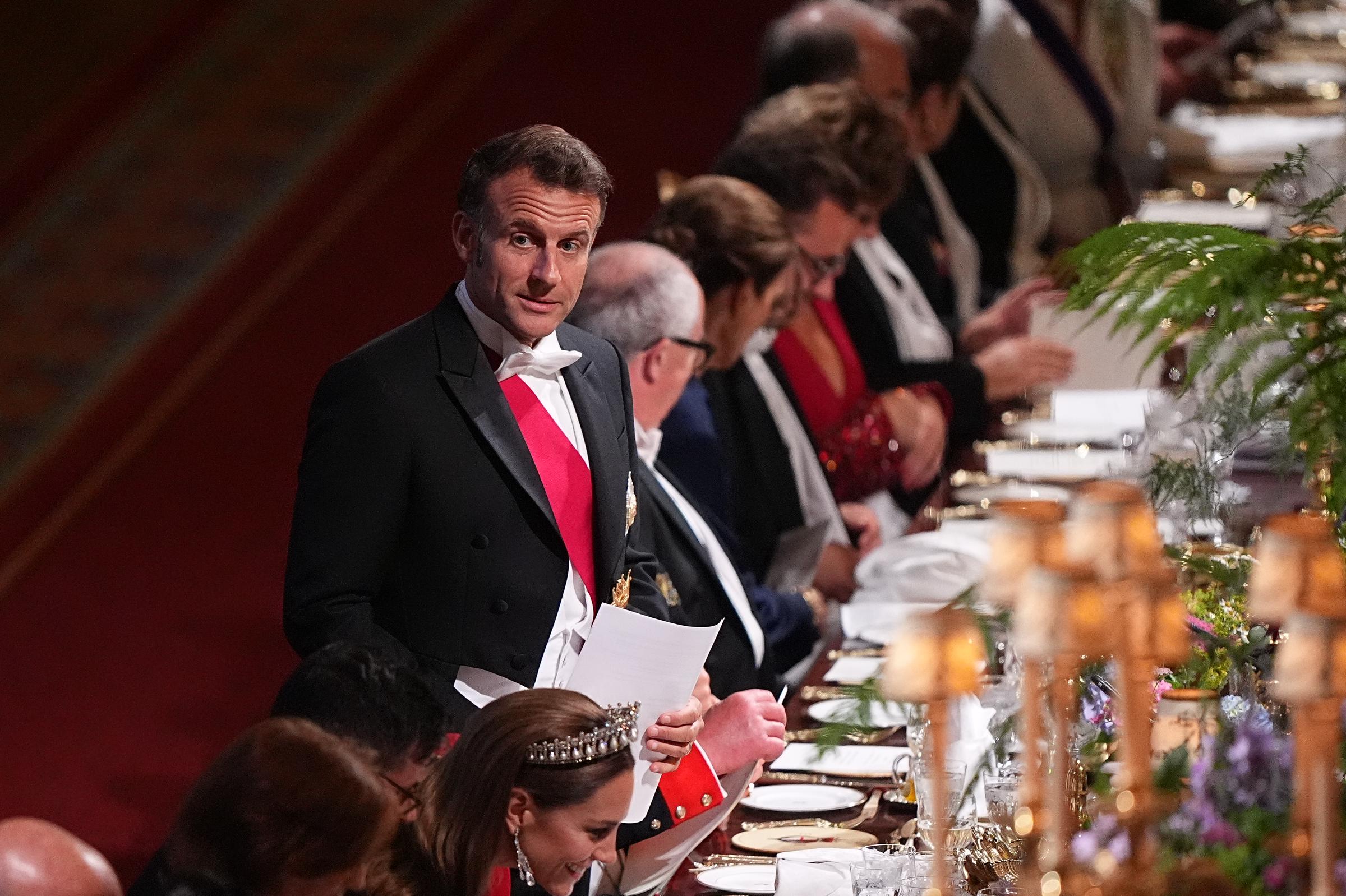 French excellency, President Emmanuel Macron gives a speech at the state banquet prepared for he and his wife Brigitte during their visit in the United Kingdom.