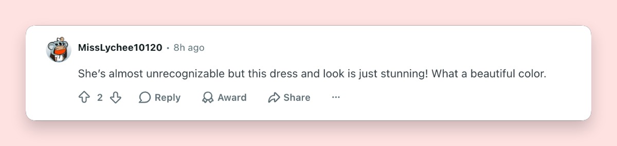 Netizens had several thoughts about Anne Hathaway's most recent red carpet appearance, from her gown to her seemingly unrecognizable face. | Source: Reddit/fashionporn