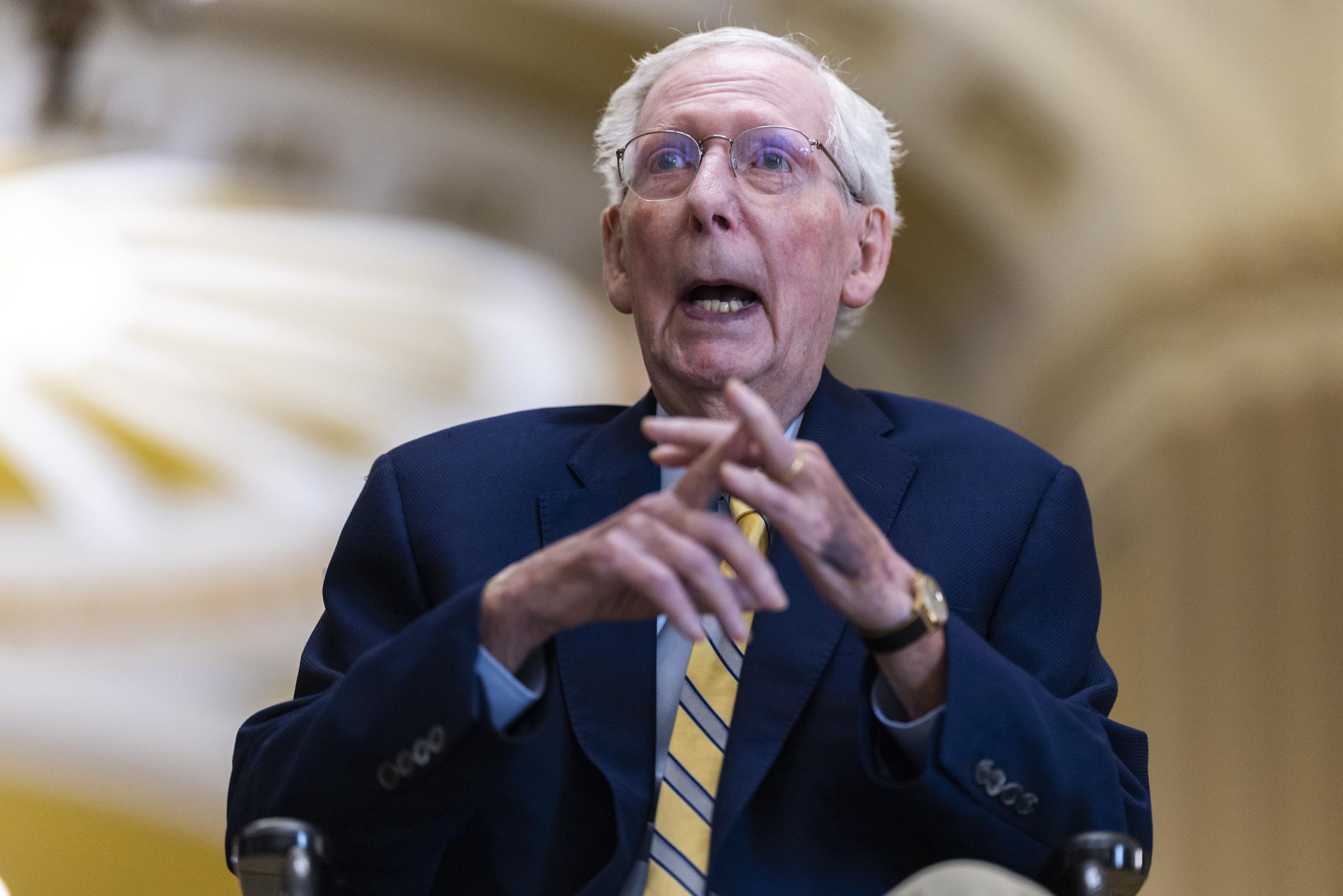 Senator Mitch McConnell speaks while seated in a wheelchair at the U.S. Capitol in Washington, D.C., on September 14, 2026. The appearance marked his return to the Capitol after more than 90 days away from public view. | Source: Getty Images