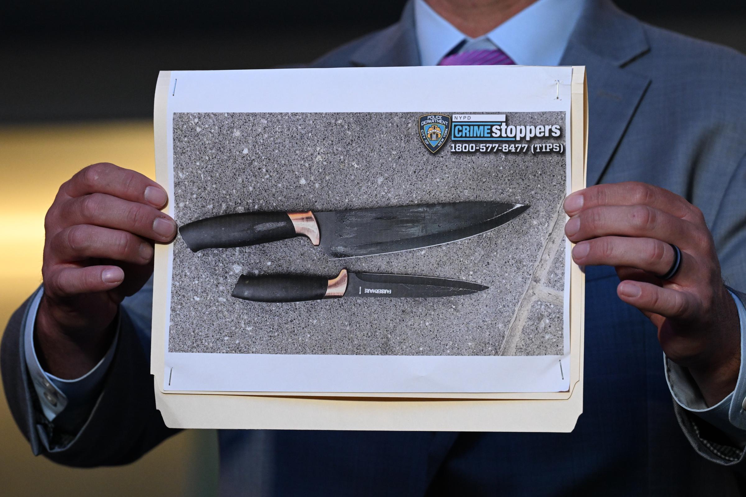 A photo showing two knives recovered at the scene was displayed during a press conference following a fatal stabbing incident near West 42nd Street and Seventh Avenue in Times Square on August 31, 2026, in New York, New York. | Source: Getty Images