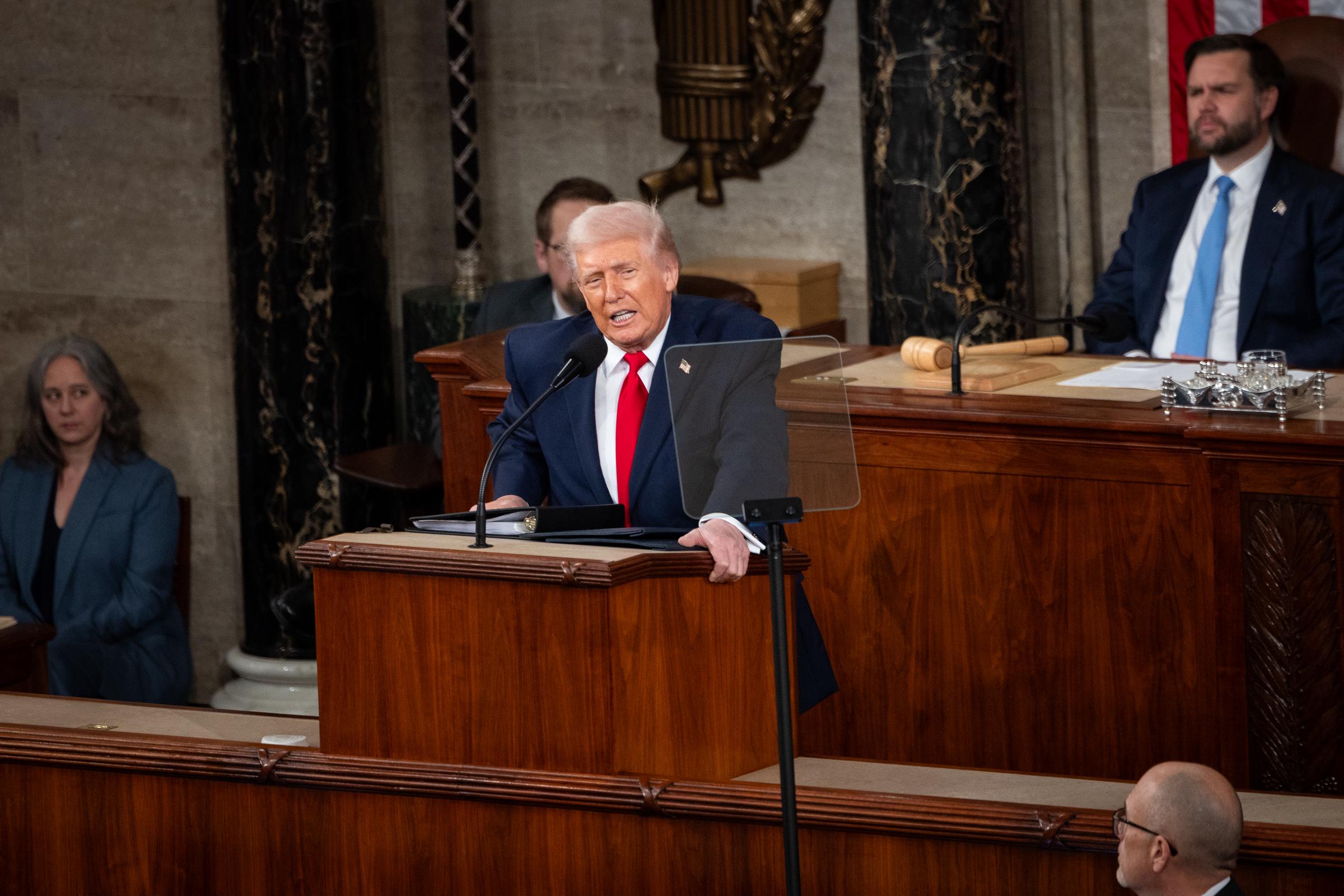 President Donald Trump delivers his State of the Union address to a joint session of Congress in the chambers of the U.S. House of Representatives in Washington, DC, United States, on February 24, 2026. | Source: Getty Images