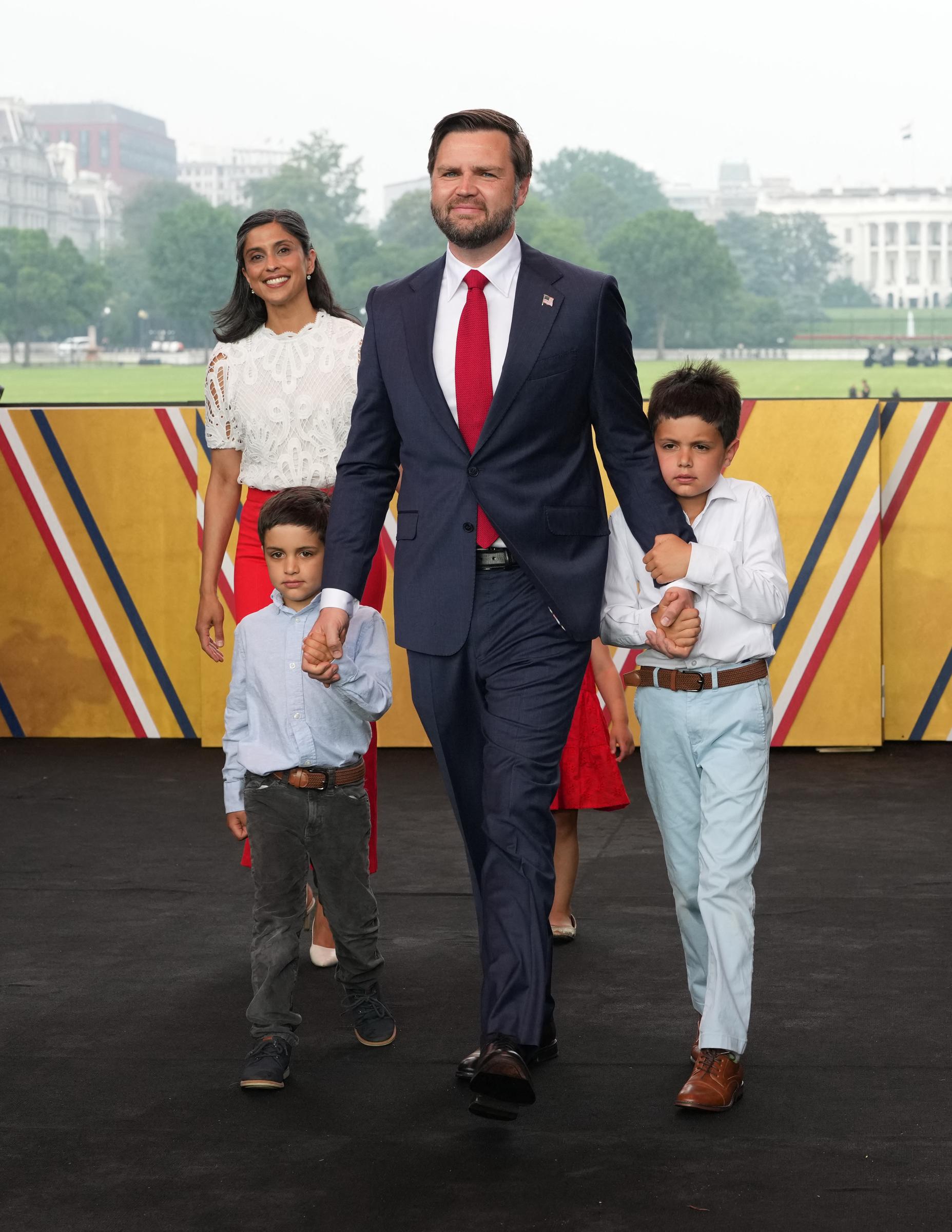 JD, Usha and their children, Ewan and Vivek Vance attend the Army 250th Anniversary Parade in Washington, DC on June 14, 2025. | Source: Getty Images