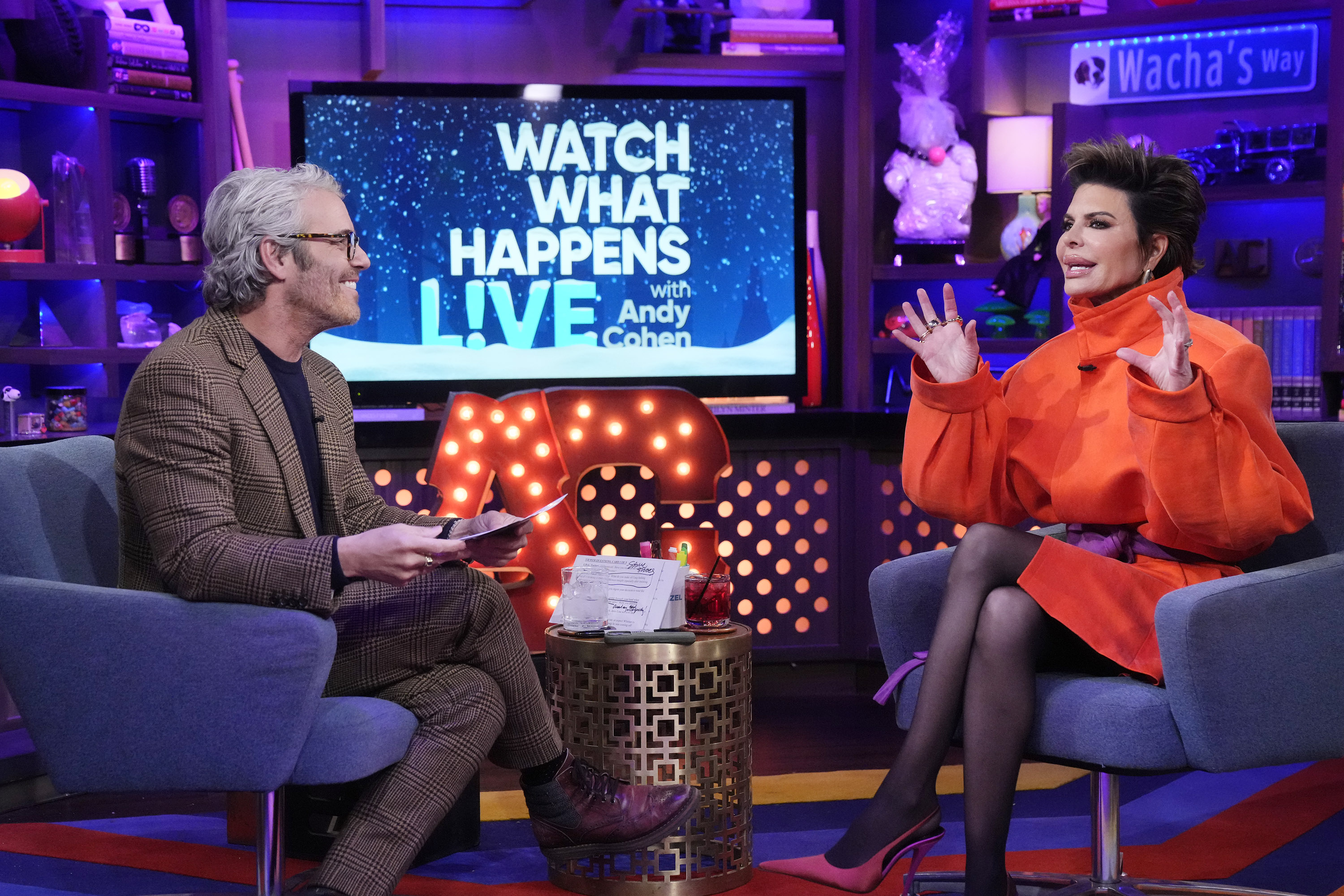Andy Cohen and Lisa Rinna speak during an episode of "Watch What Happens Live with Andy Cohen" on February 25, 2026