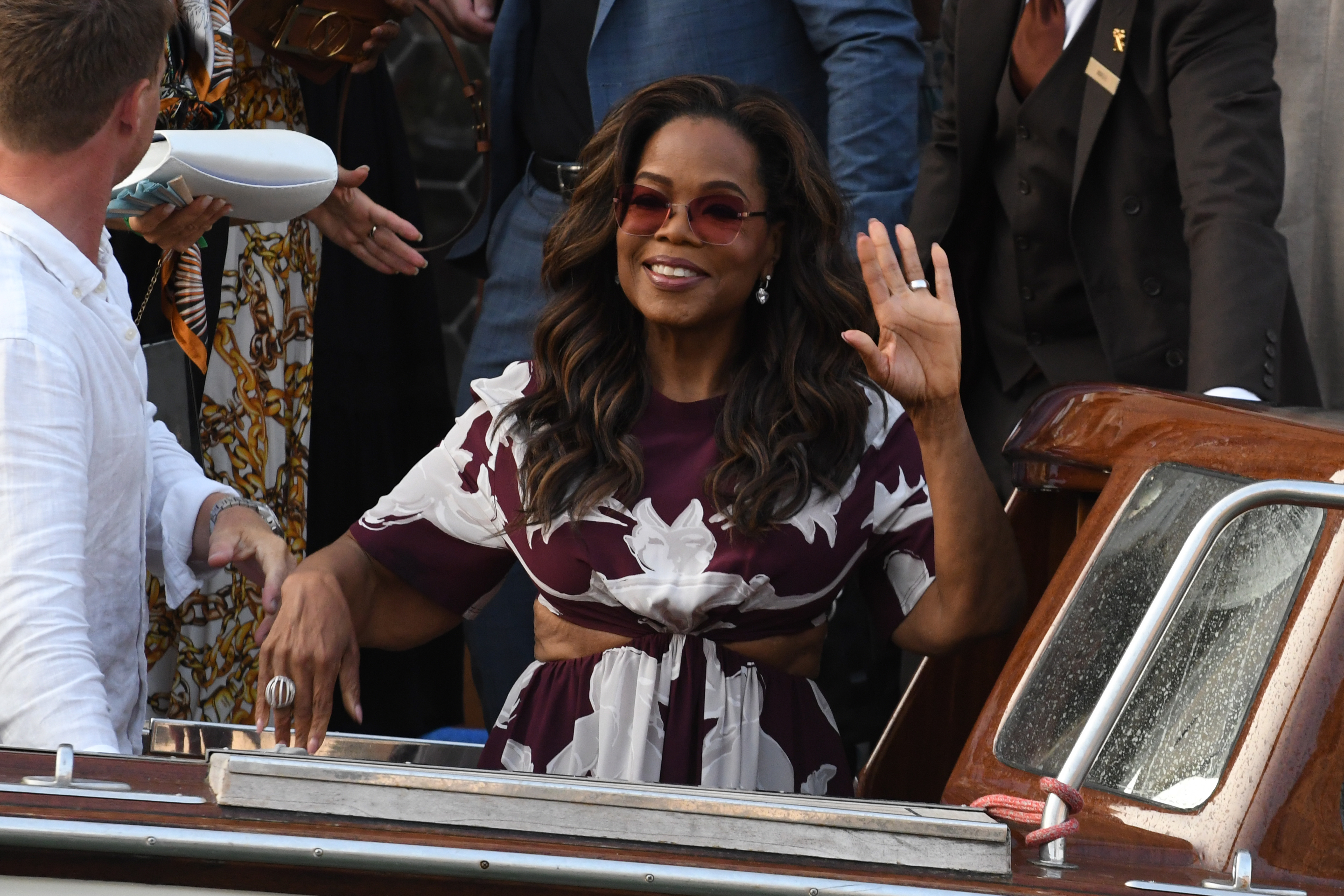 Oprah Winfrey is seen at the Gritti Palace Hotel ahead of the wedding of Jeff Bezos and Lauren Sánchez on June 26, 2025, in Venice, Italy | Source: Getty Images