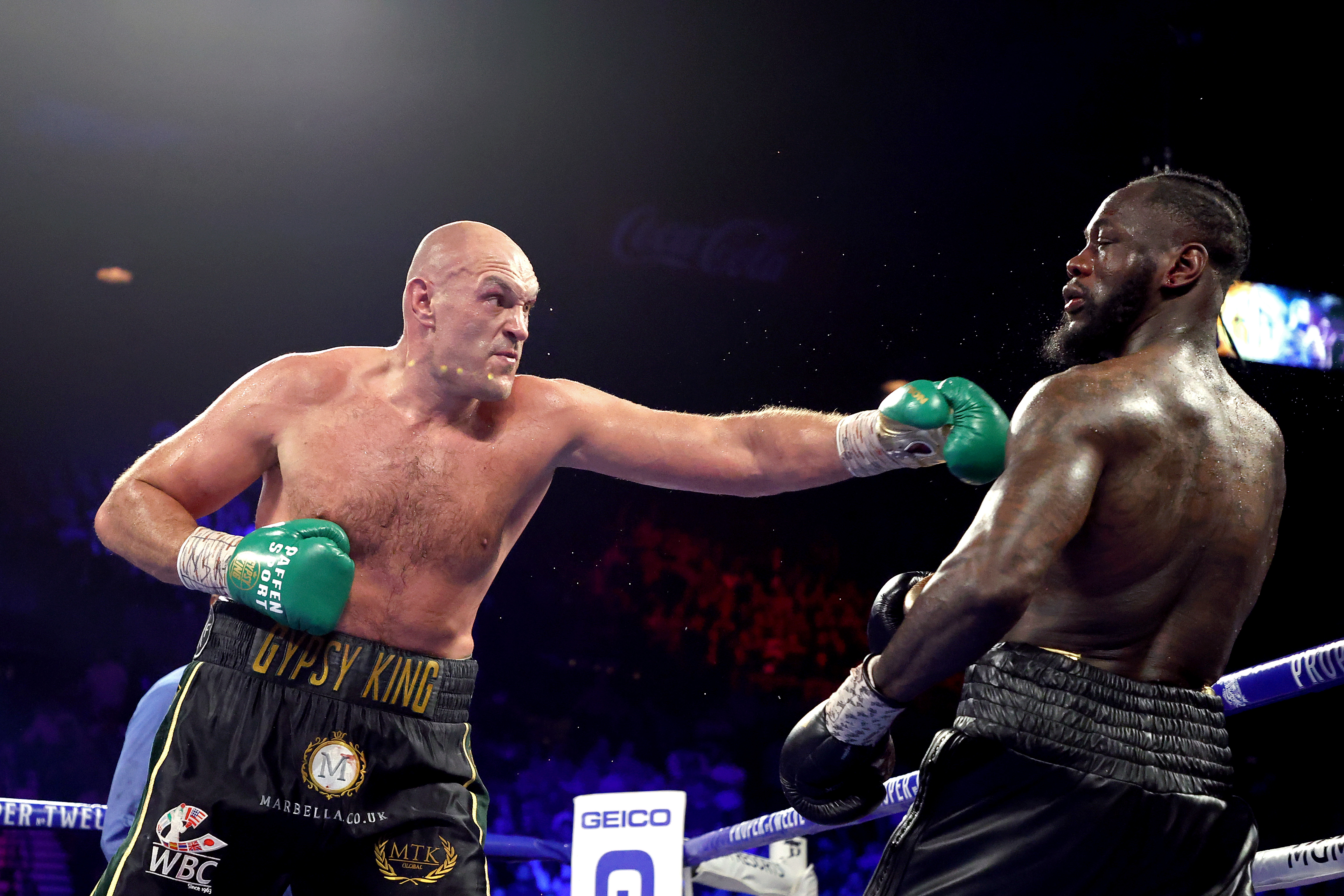 Tyson Fury connected with a punch against Deontay Wilder during their heavyweight title rematch at the MGM Grand Garden Arena in Las Vegas, Nevada, on February 22, 2020. Fury entered the contest at 273 lbs and pursued Wilder aggressively from the opening bell, dropping the American twice before his corner stopped the fight in the seventh round, completing Fury's return to heavyweight championship glory.