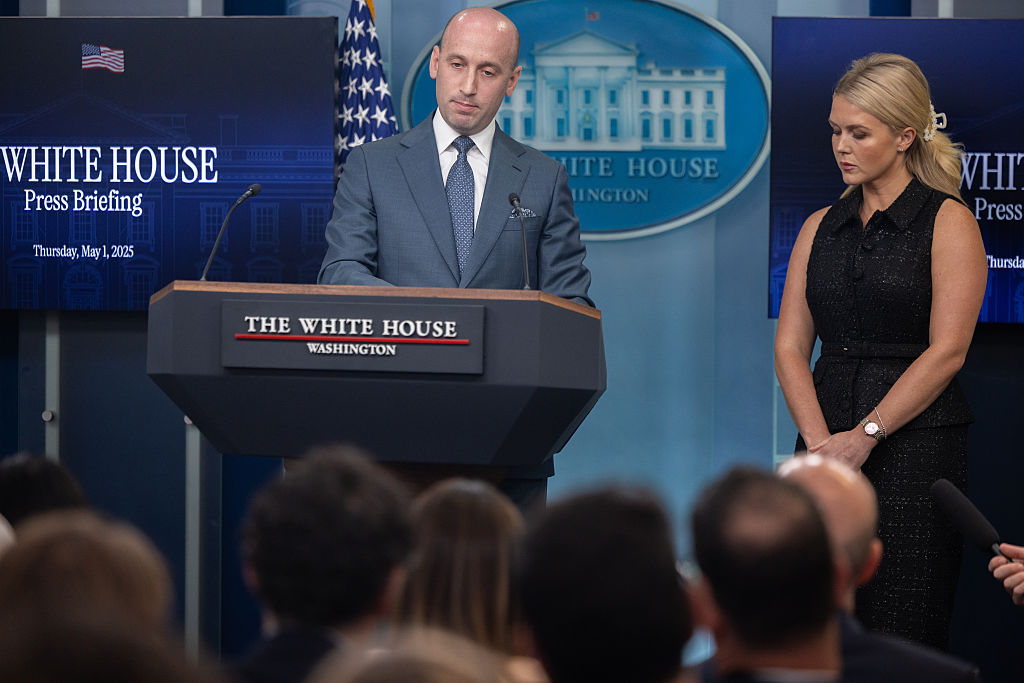 White House Deputy Chief of Staff Stephen Miller and White House Press Secretary Karoline Leavitt at the Daily Briefing at the White House on May 1, 2025 | Source: Getty Images
