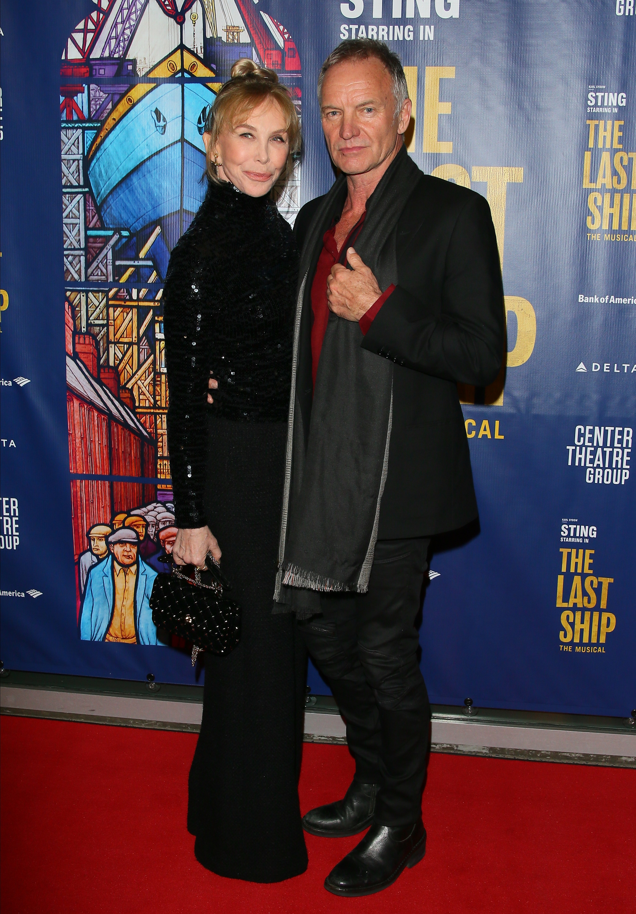 Trudie Styler, at 66, showed a smooth, slightly puffy complexion, a subtle, closed-mouth smile with a lift on her left side, and a high top knot hairstyle that drew attention to her high neck, while attending "The Last Ship" Opening Night Performance with Sting on January 22, 2020, in Los Angeles, California.
