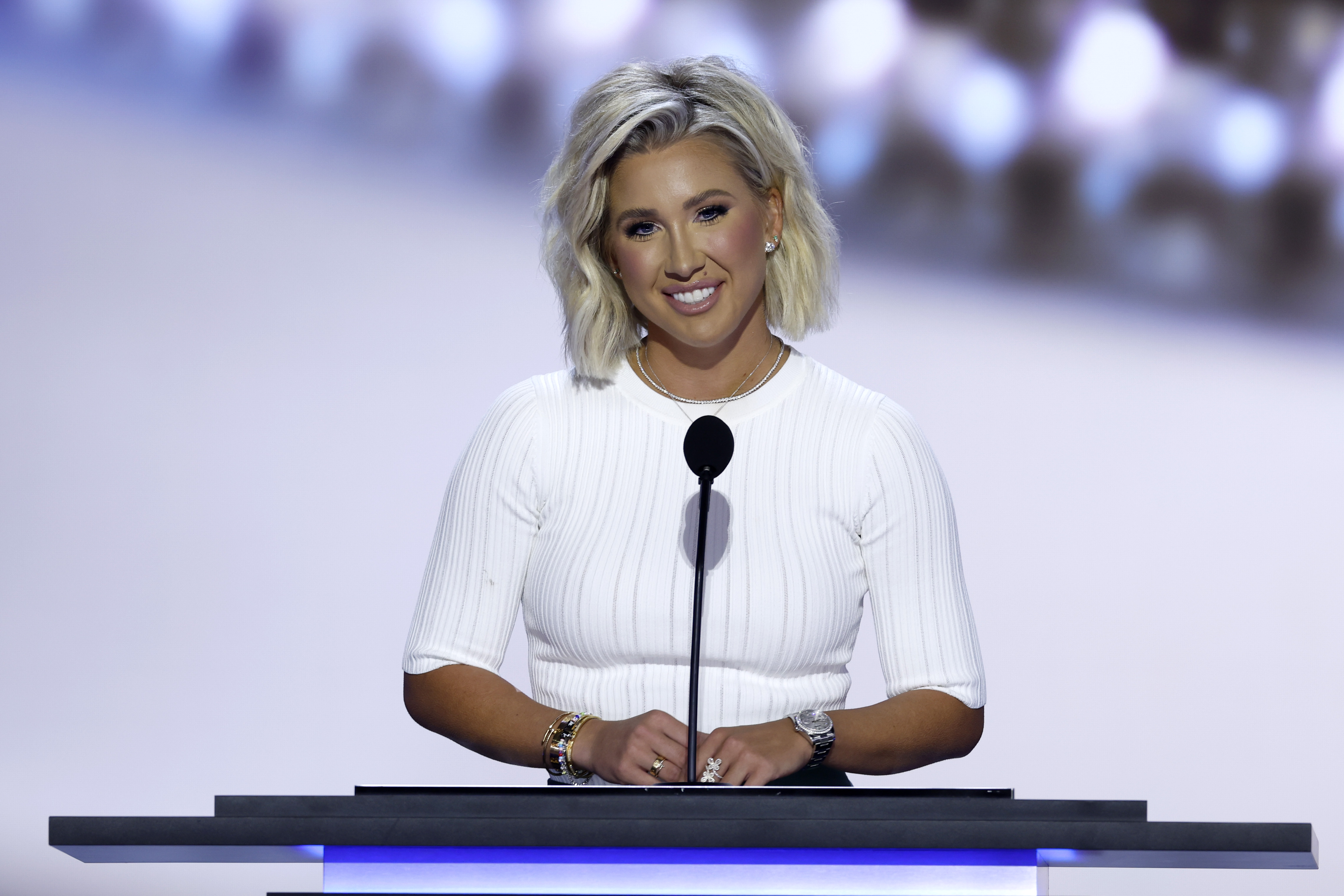 Savannah Chrisley speaks on stage on the second day of the Republican National Convention at the Fiserv Forum in Milwaukee, Wisconsin, on July 16, 2024 | Source: Getty Images