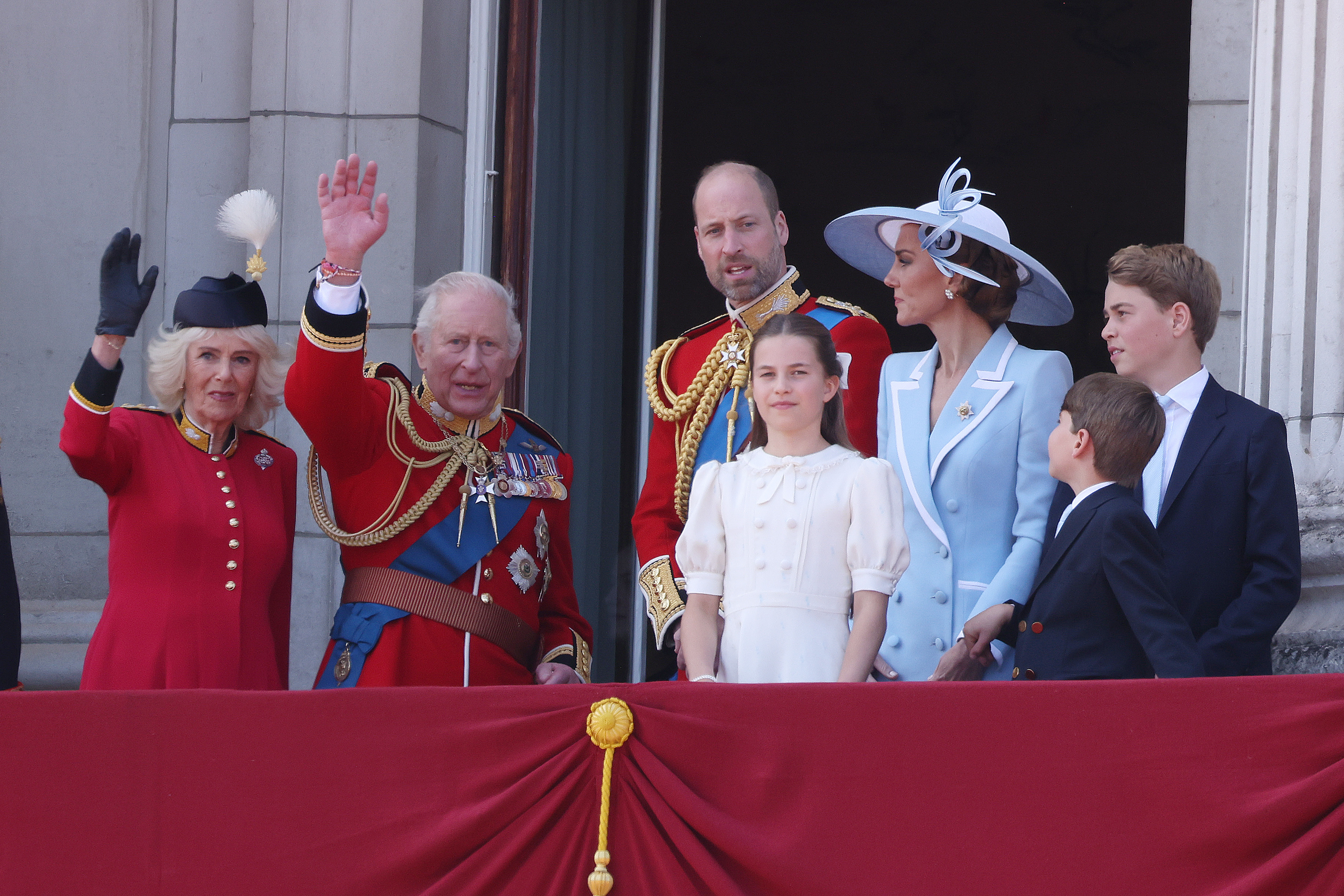 The core members of the royal family gathered together to watch the spectacular flypast from the balcony. Queen Camilla, King Charles III, Prince William, Prince of Wales, Catherine, Princess of Wales, Princess Charlotte of Wales, Prince Louis of Wales, and Prince George of Wales stood on the balcony for Trooping the Colour at Buckingham Palace on June 13, 2026, in London, England. | Source: Getty Images